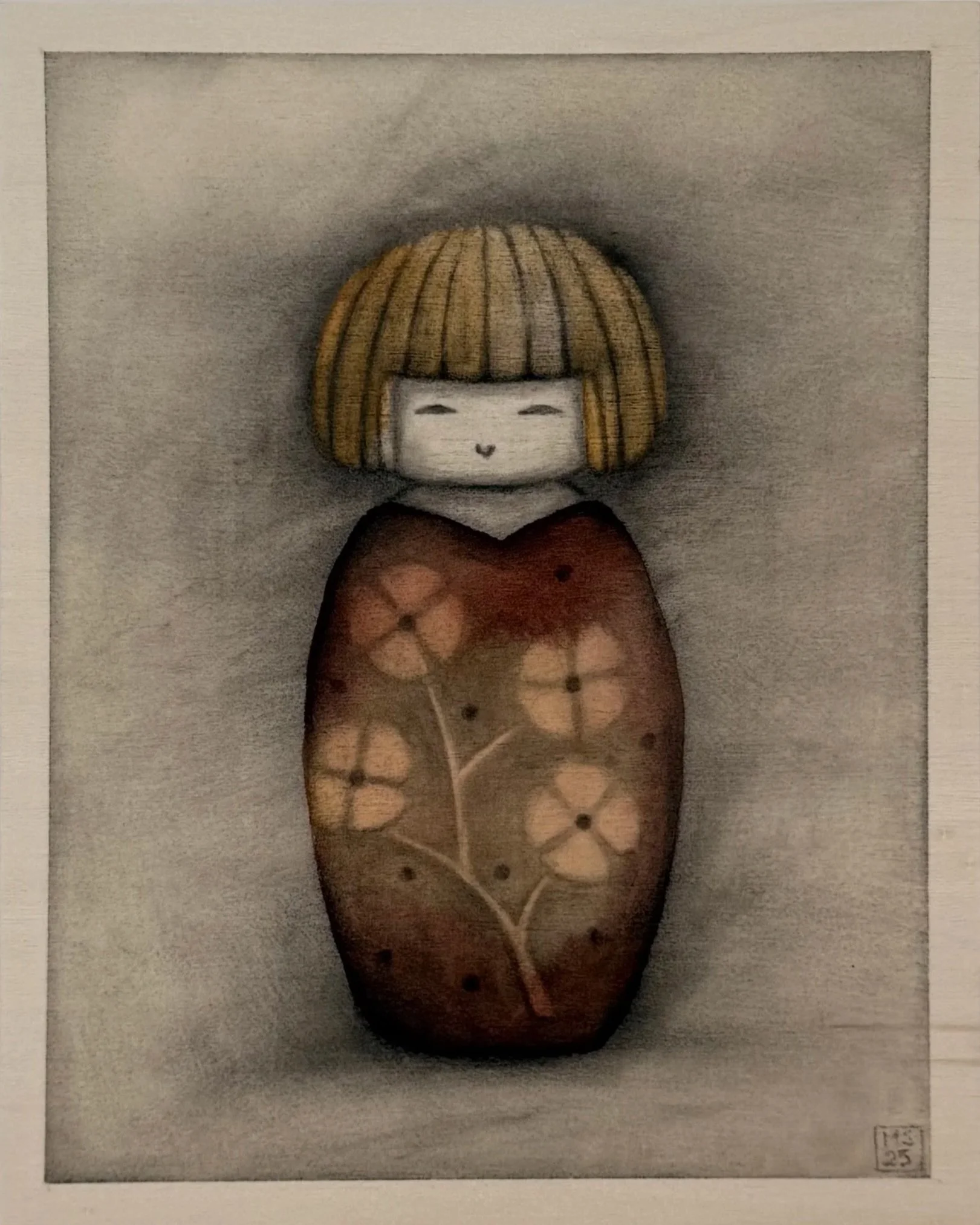 "Coco" 2025 SOLD, Charcoal and Ink on wood panel, 20.3cm x 25.4cm