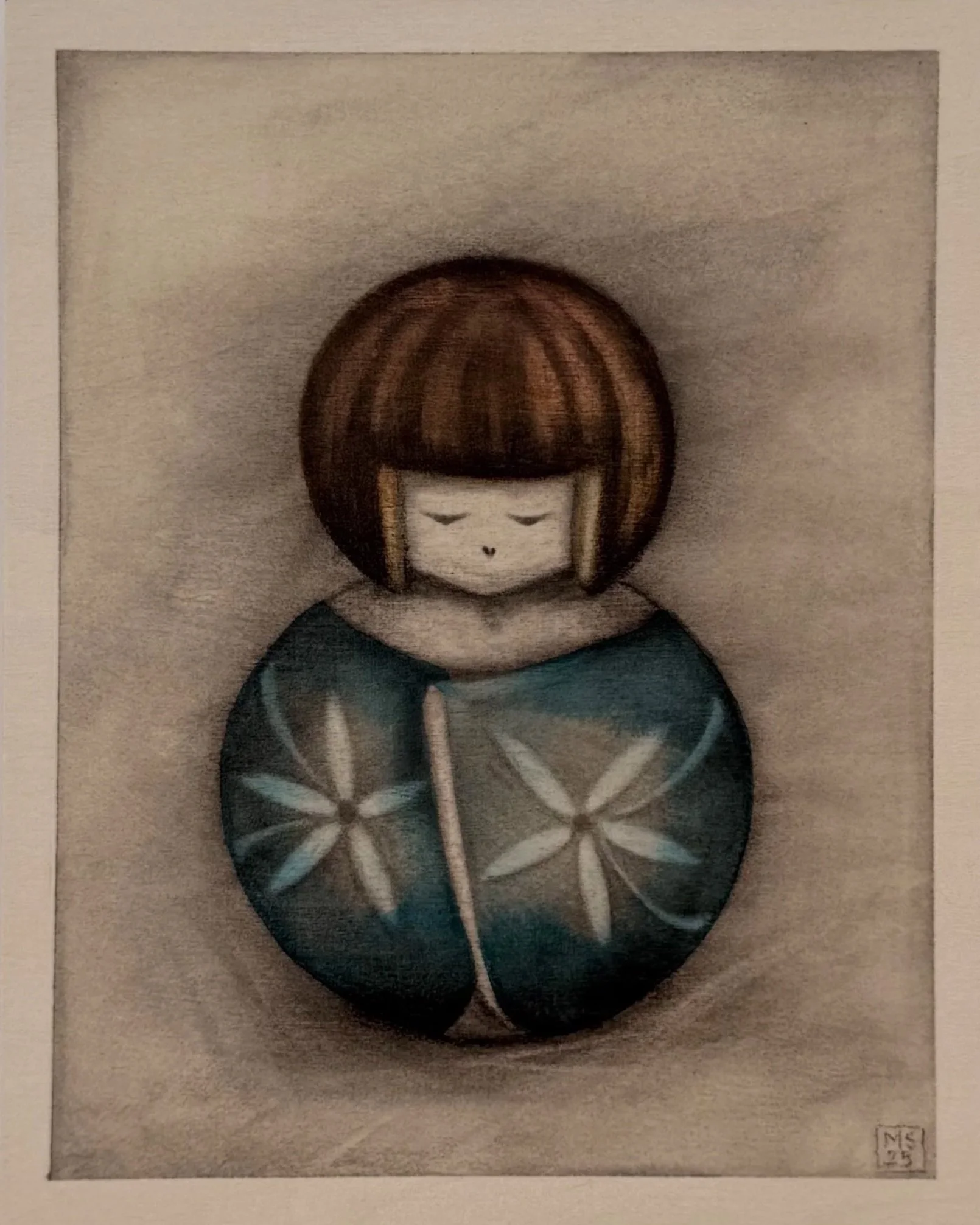 "Rhi" 2025 SOLD, Charcoal and Ink on wood panel, 20.3cm x 25.4cm