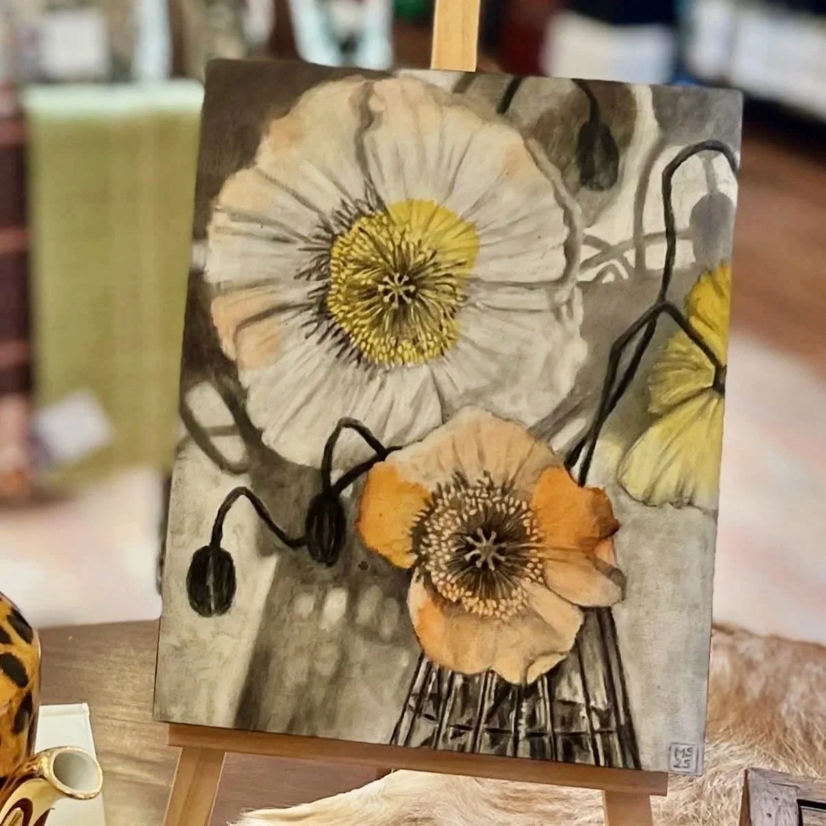 "Sunlit Poppies" Charcoal and ink on wood panel, 20.3cm x 25.4cm x 3.8cm deep, SOLD