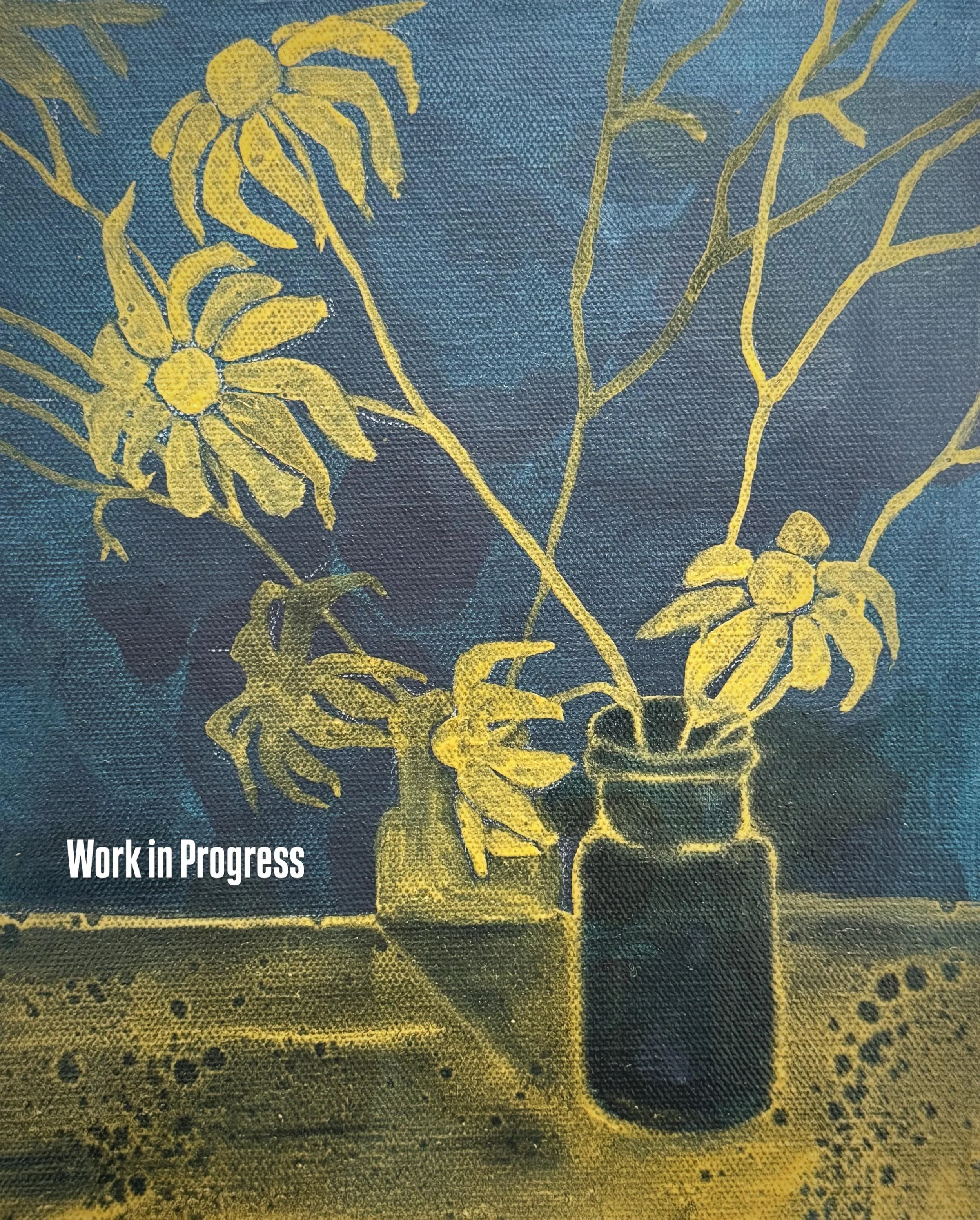 Oh oils how I&rsquo;ve missed you!! I&rsquo;m excited for how this might evolve tomorrow. It&rsquo;s lovely to have time without a deadline looming to play with technique, process, materials and yes a bit of colour!
. . .
#workinprogress
#stilllifest