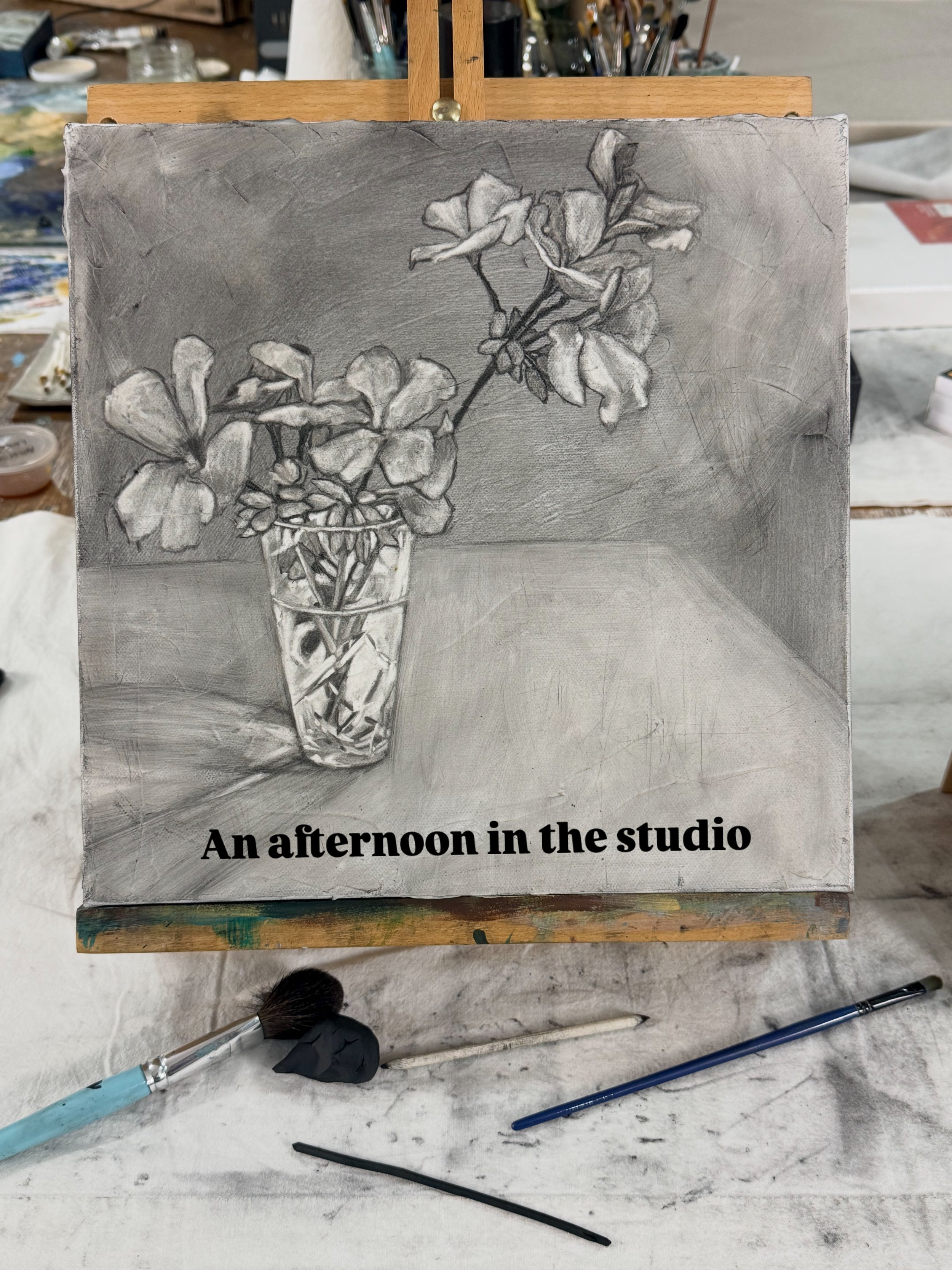 Wanna play guess what colour the flowers will be?? Let me know in the comments ⬇️

First pass in charcoal done on this new still life! Not bad for an afternoons work.