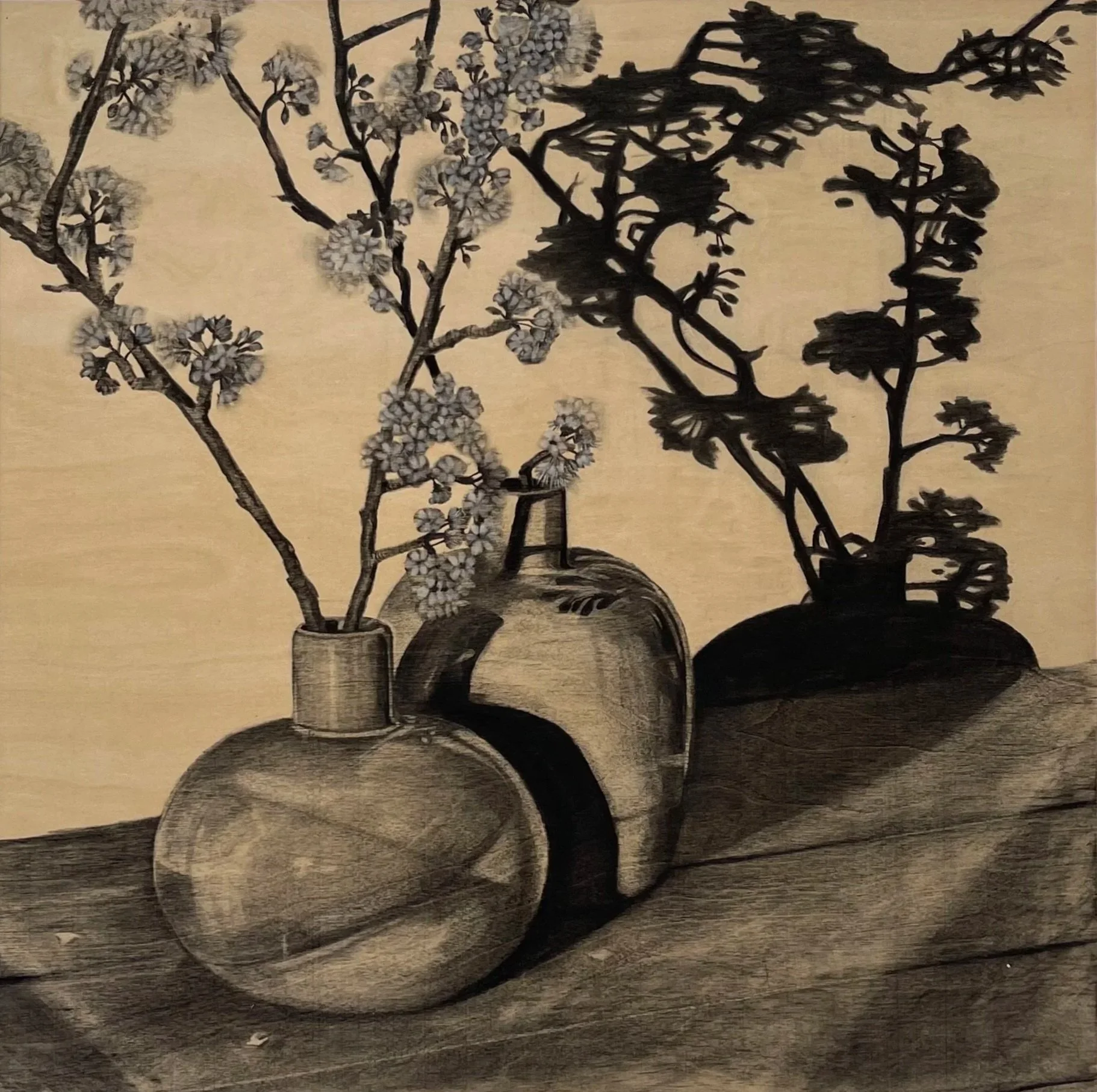 Golden Hour - ink, charcoal on wood panel, 63cm x 63cm