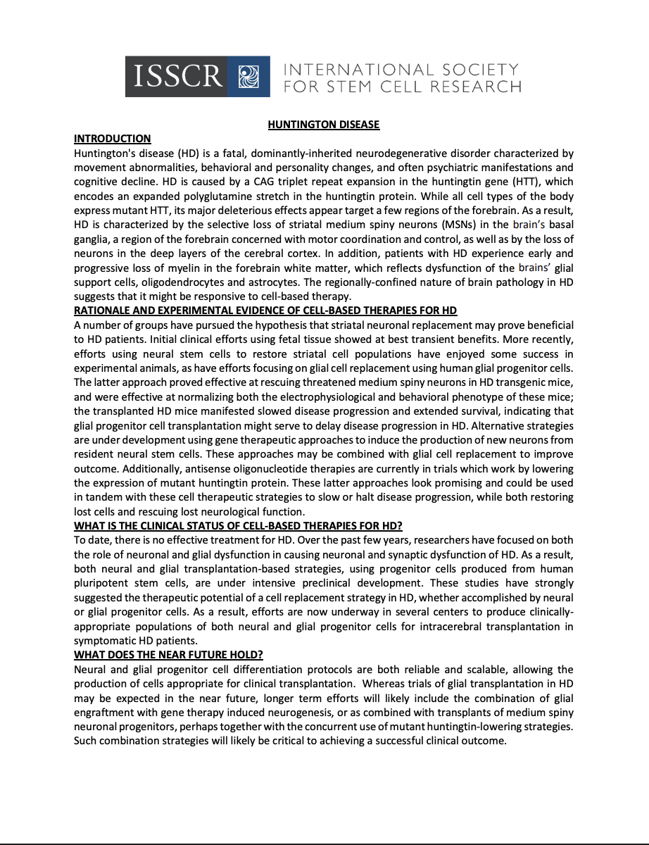 Disease Fact Sheet: Huntington’s Disease (HD)