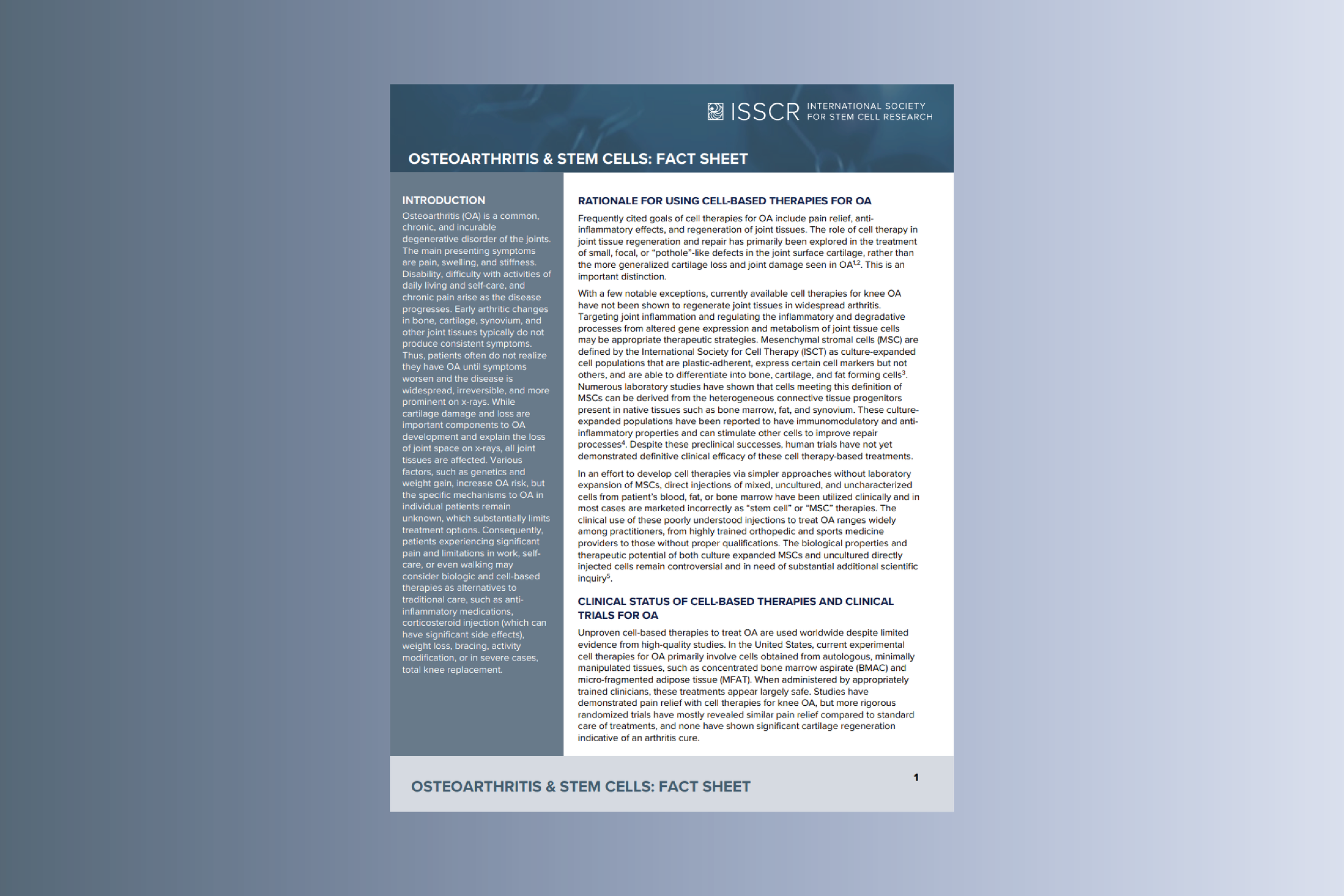 Disease Fact Sheet: Osteoarthritis (OA)