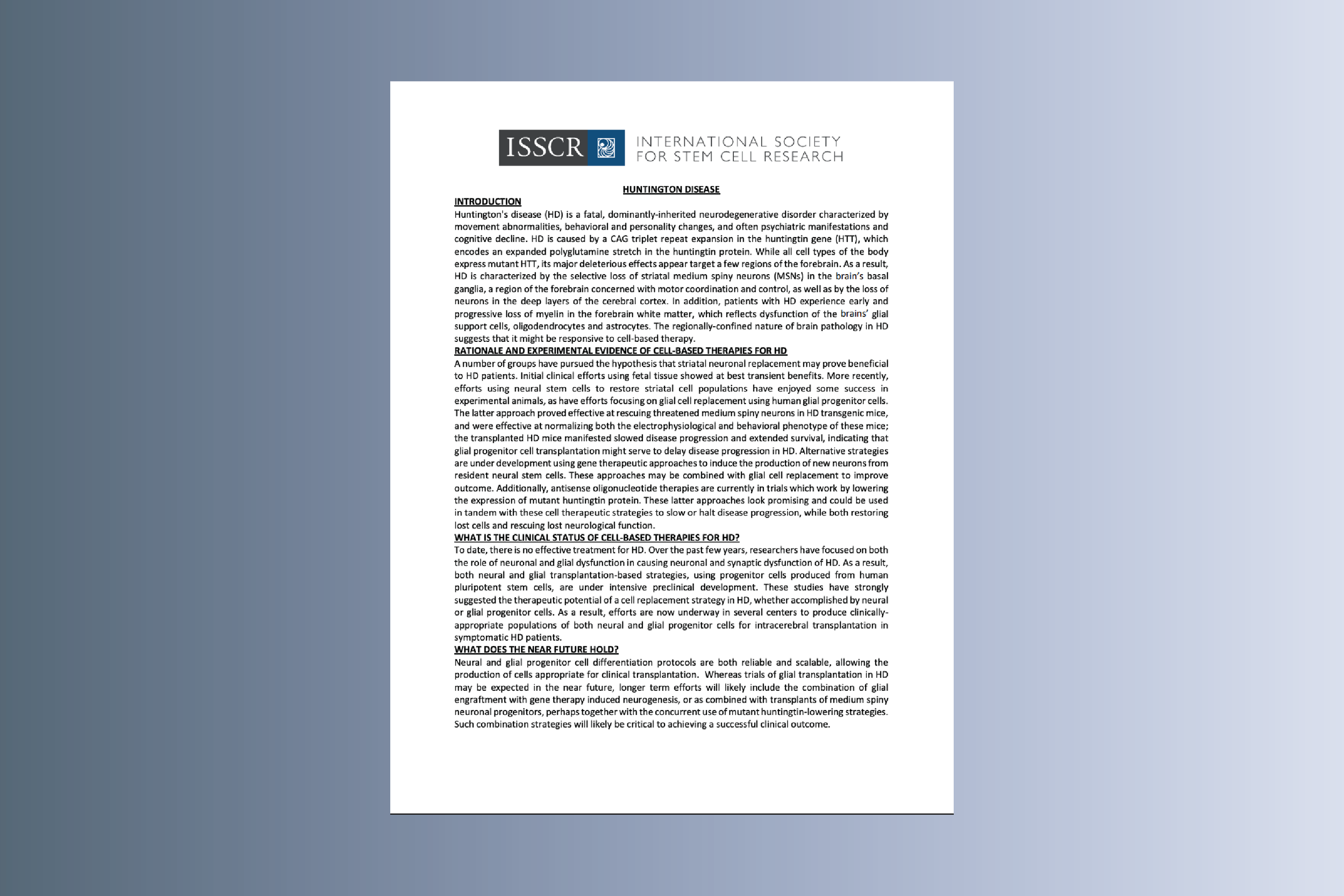 Disease Fact Sheet: Huntington’s Disease (HD)