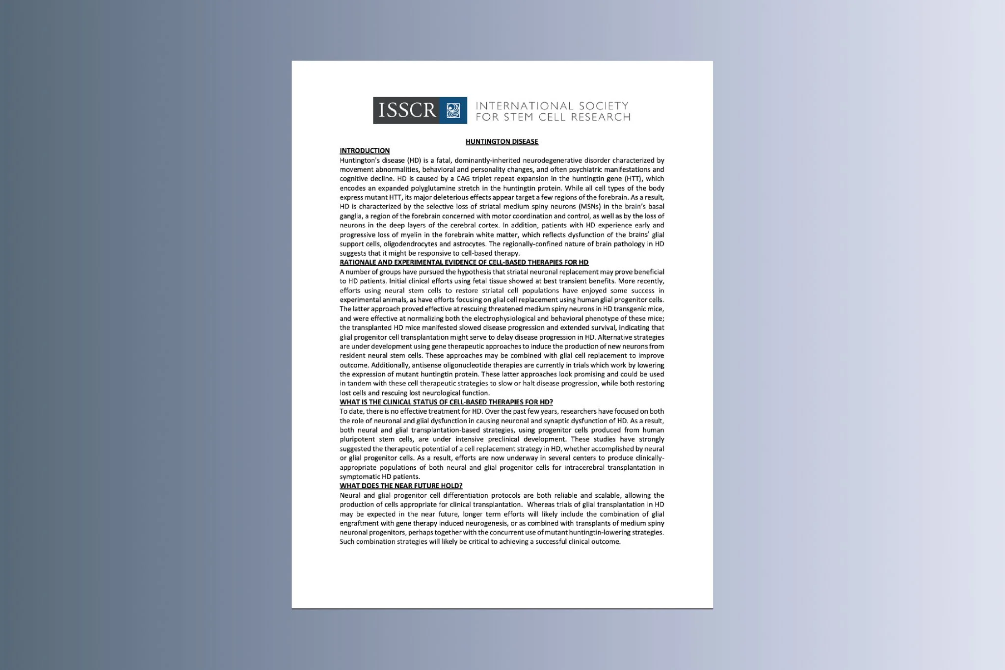 Disease Fact Sheet: Huntington’s Disease (HD)
