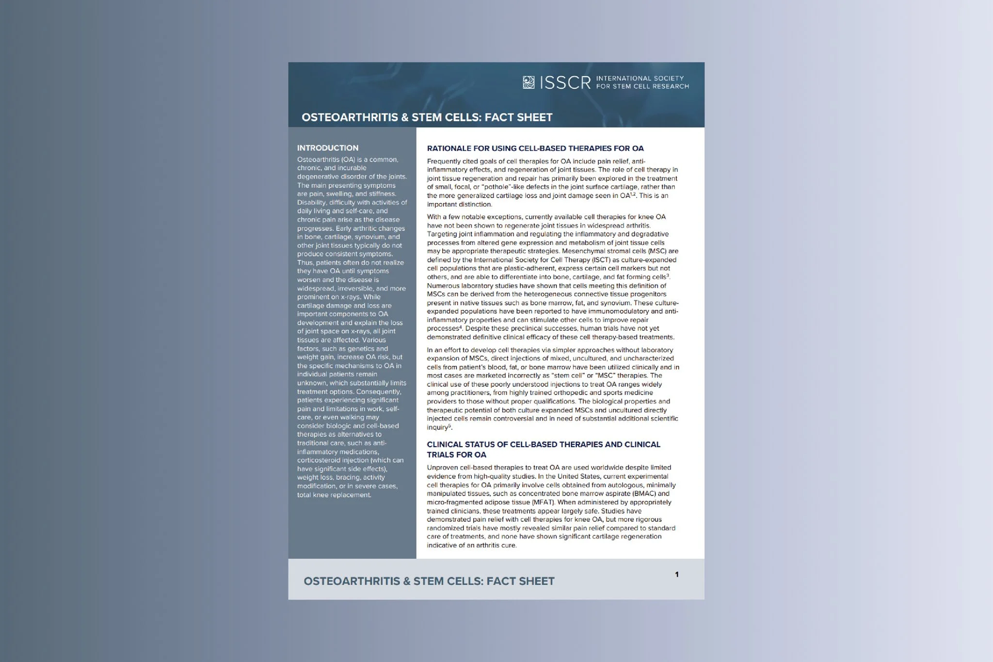 Disease Fact Sheet: Osteoarthritis (OA)