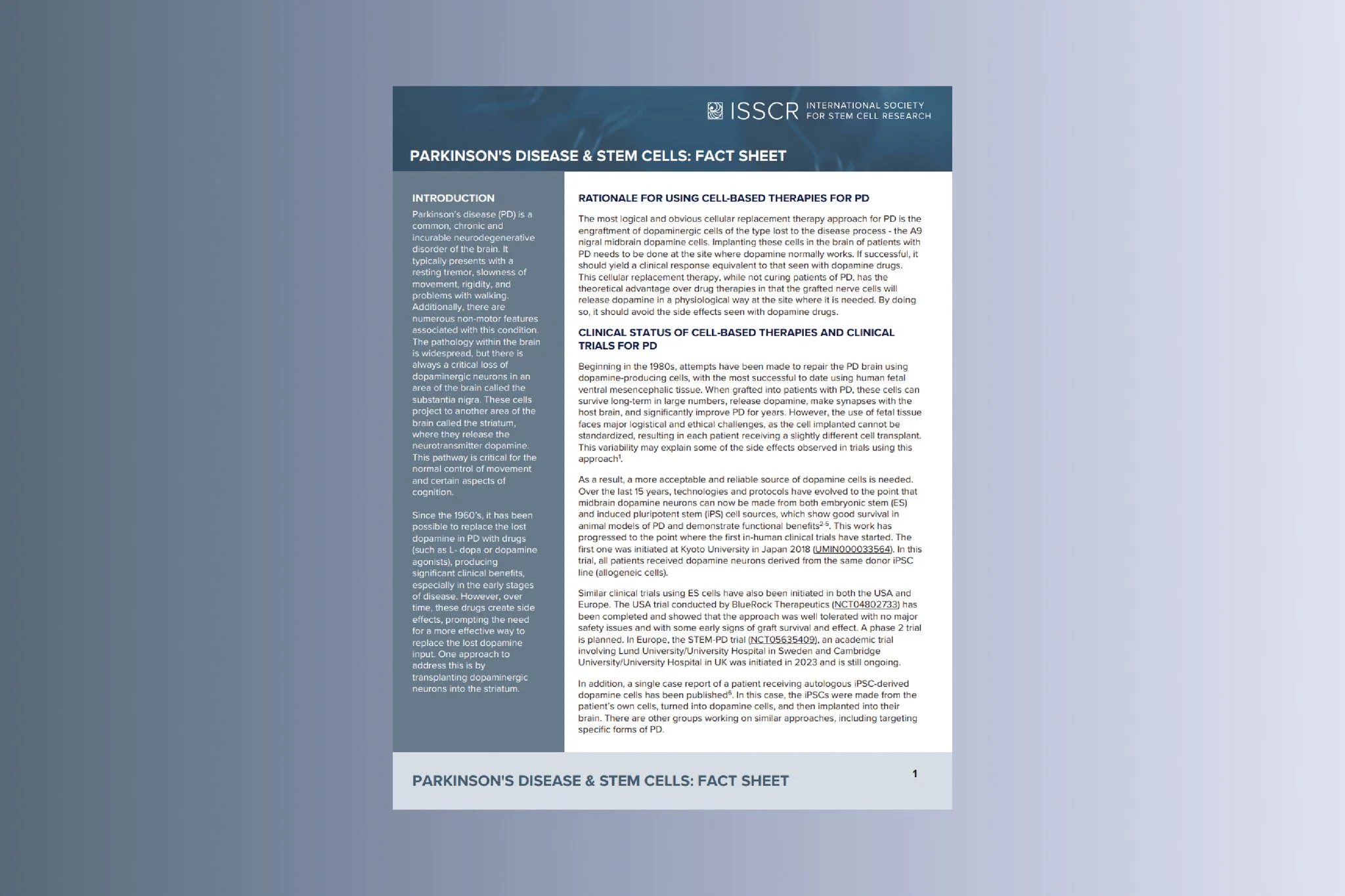 Disease Fact Sheet: Parkinson’s Disease (PD)