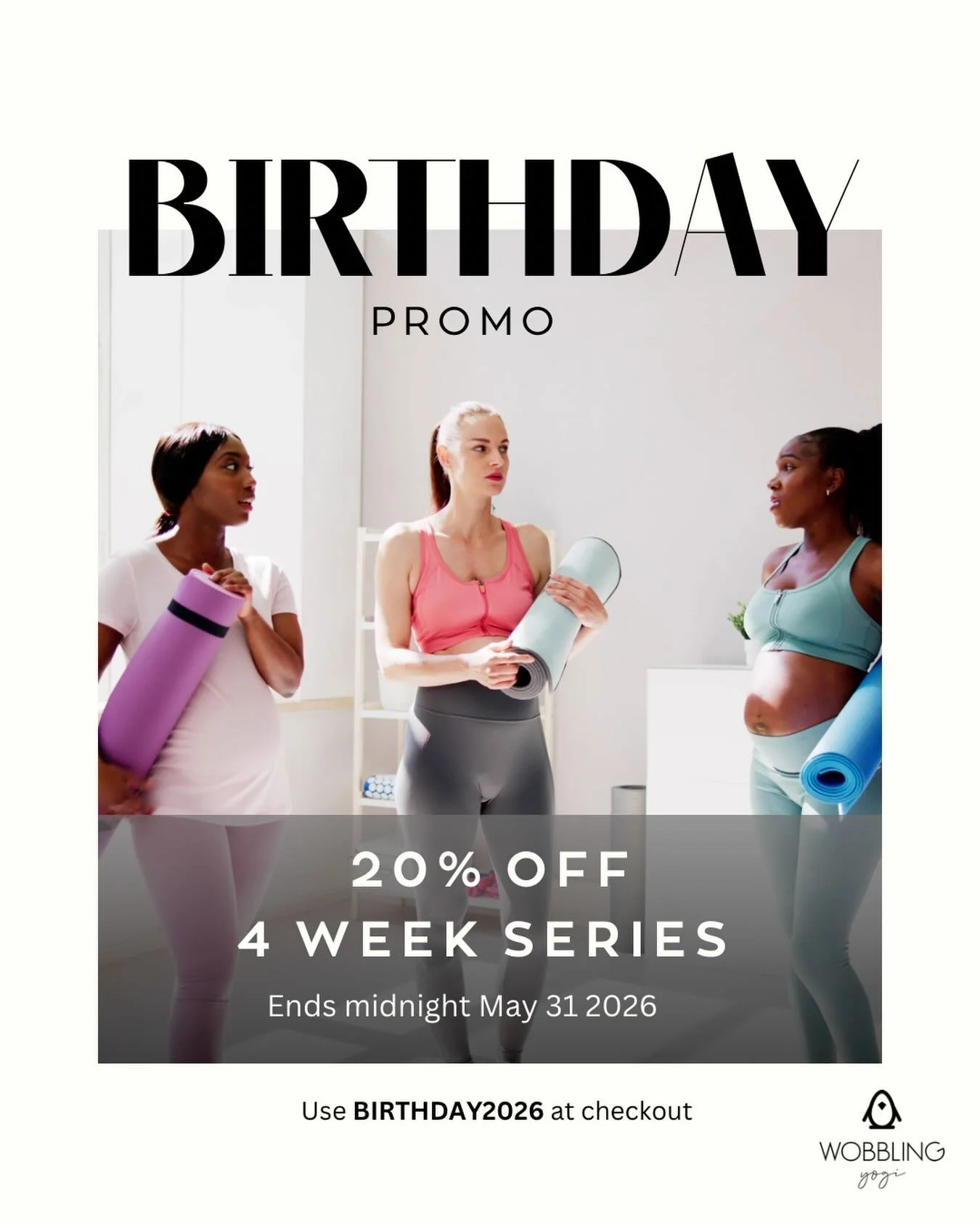 ⏰ LAST CHANCE &mdash; Birthday Promo Ends TONIGHT! 

Get 20% OFF our 4-Week Prenatal + Postpartum Yoga Series Passes using code: BIRTHDAY2026 🤍

And because we know summer schedules can be busy&hellip;
✨ your 4 classes can be used on ANY dates over 