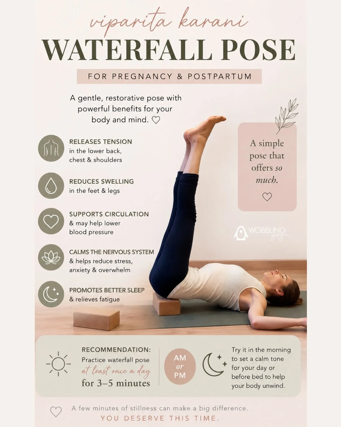 Your nervous system needs care too 🤍

One of the simplest ways to support your body during pregnancy and postpartum is slowing down for just a few minutes each day. Waterfall pose (Viparita Karani) is gentle, restorative, and incredibly calming for 