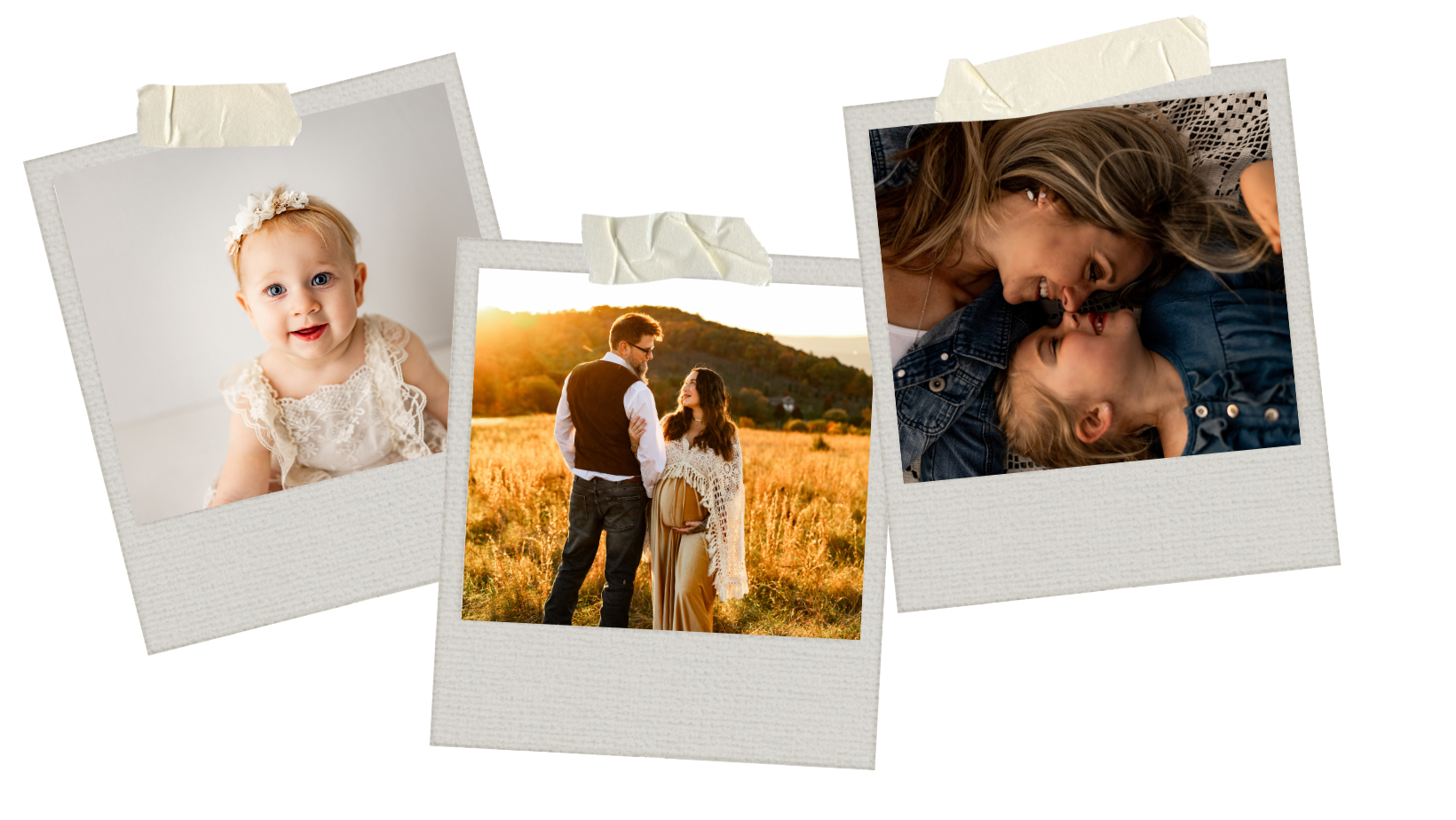 Three Polaroid-style photos taped to a surface. The first photo shows a smiling baby girl with a floral headband in a white lace dress. The second photo depicts a couple standing in a golden field at sunset, with the woman showing a pregnant belly and wearing a crocheted shawl. The third photo captures a joyful moment between a woman and a young girl lying on a blanket, smiling and touching noses.