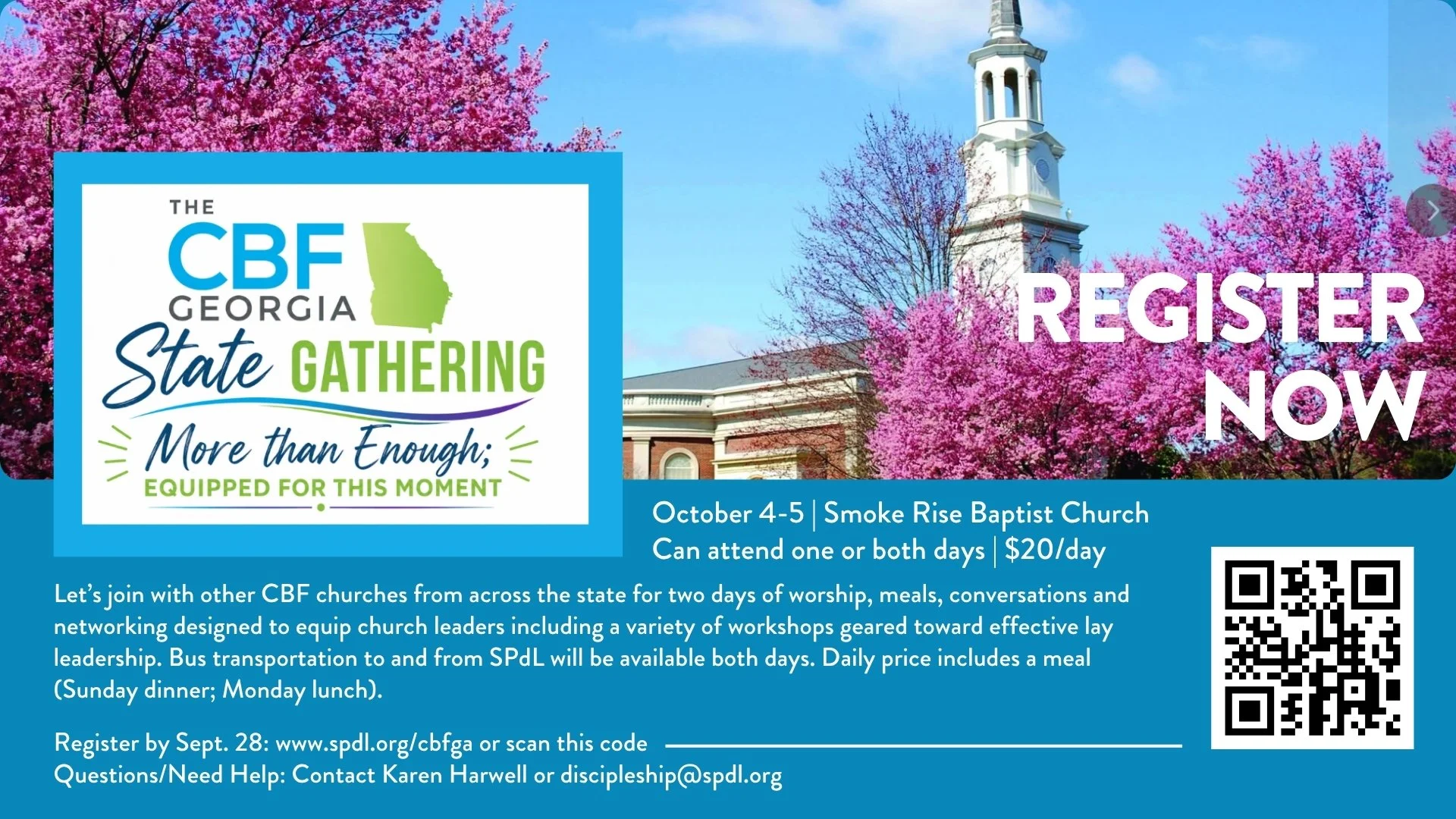 Let&rsquo;s join with other CBF churches from across the state for two days of worship, meals, conversations and networking designed to equip church leaders! Bus transportation to and from SPdL will be available both days. Daily price includes a meal