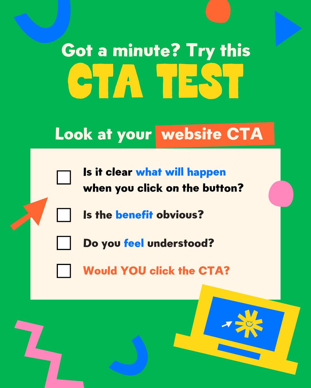 🛑 Stop right there, freelancer! I have a (little) test for you! 🤓⁠
⁠
Head to your website and put your special 'I'm actually a customer' thinking cap on, then ask yourself the following questions when navigating your call-to-action buttons and stat
