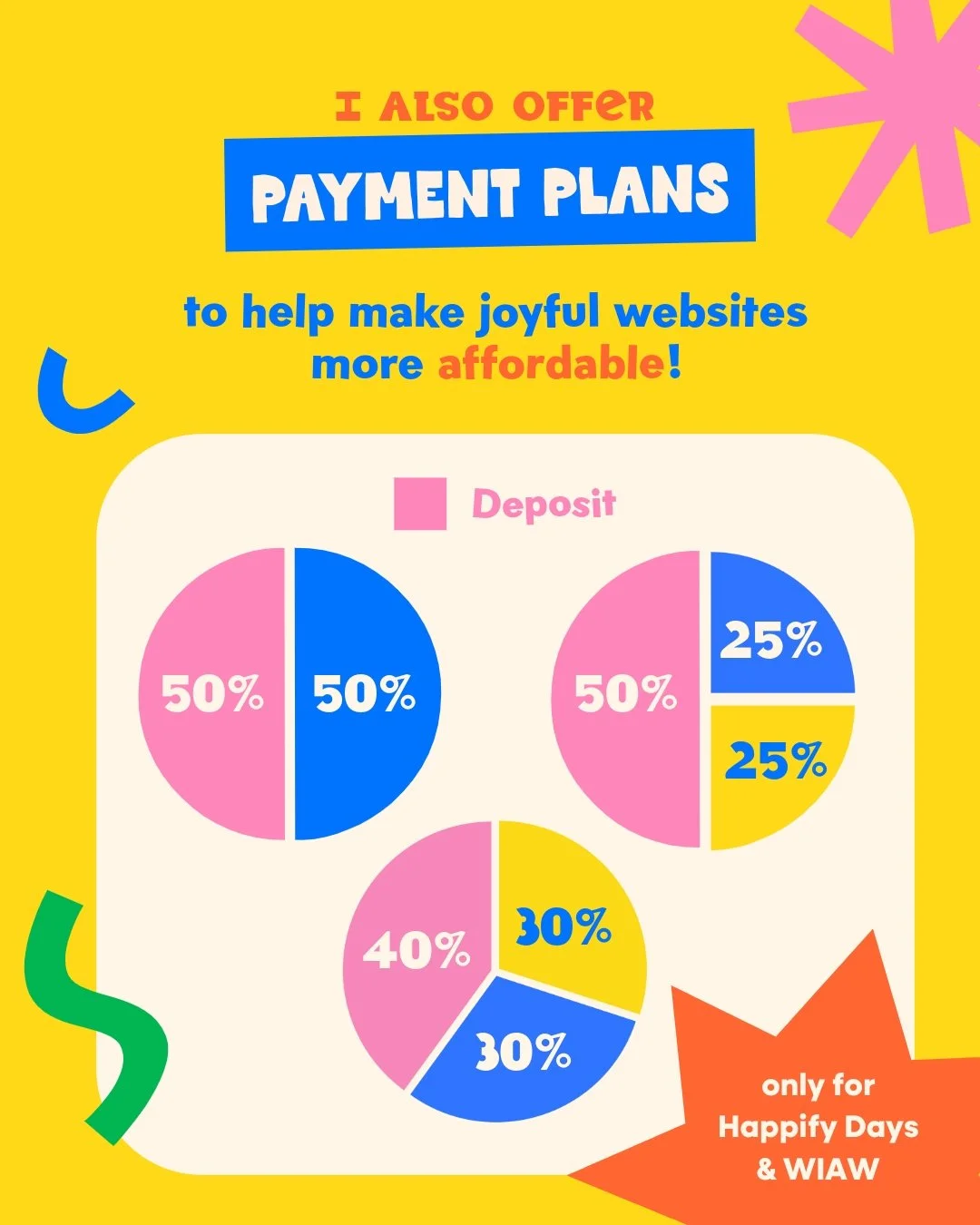 Caption:
Did you know I offer payment plans?

This is one of the most common topics I get asked about when someone is looking to work with me, so here's the info you need 😊

🔹 Payment plans are available for Happify Days and Website in a Week packa