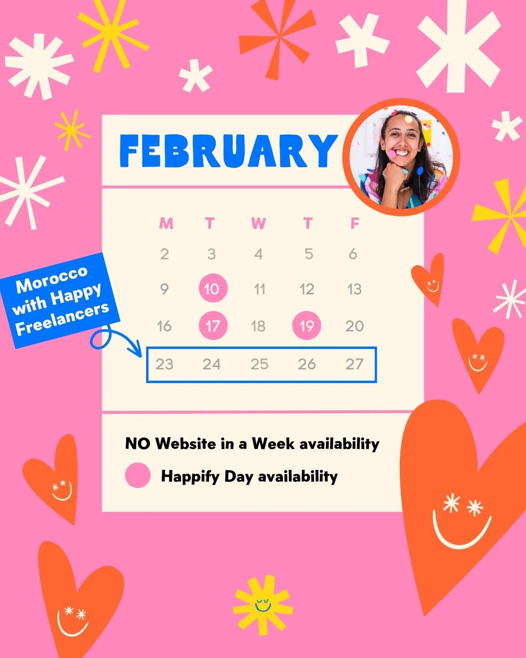 It may only be the beginning of Feb but it's looking busy!

I have a handful of Happify Days available in Feb and March, as I'll be on a freelancer's retreat in Morocco with @happyfreelancers.co in a few weeks and then heading to Switzerland in March