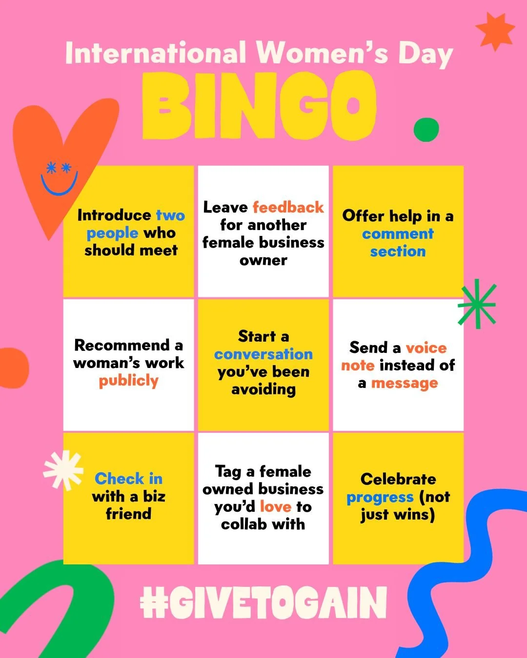 Happy International Women's Day! 

That must mean it's time for another edition of small biz bingo 🤔

The theme this year is #GiveToGain - a message that really speaks to me! 

From the beginning, Shiny Happy has been all about empowering small busi