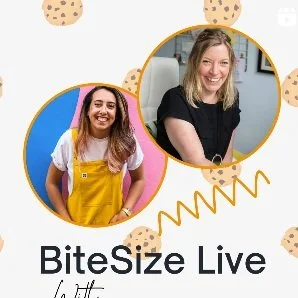 Graphic promoting the Instagram Live  'BiteSize Live'  with two smiling women in colorful circles with cookies