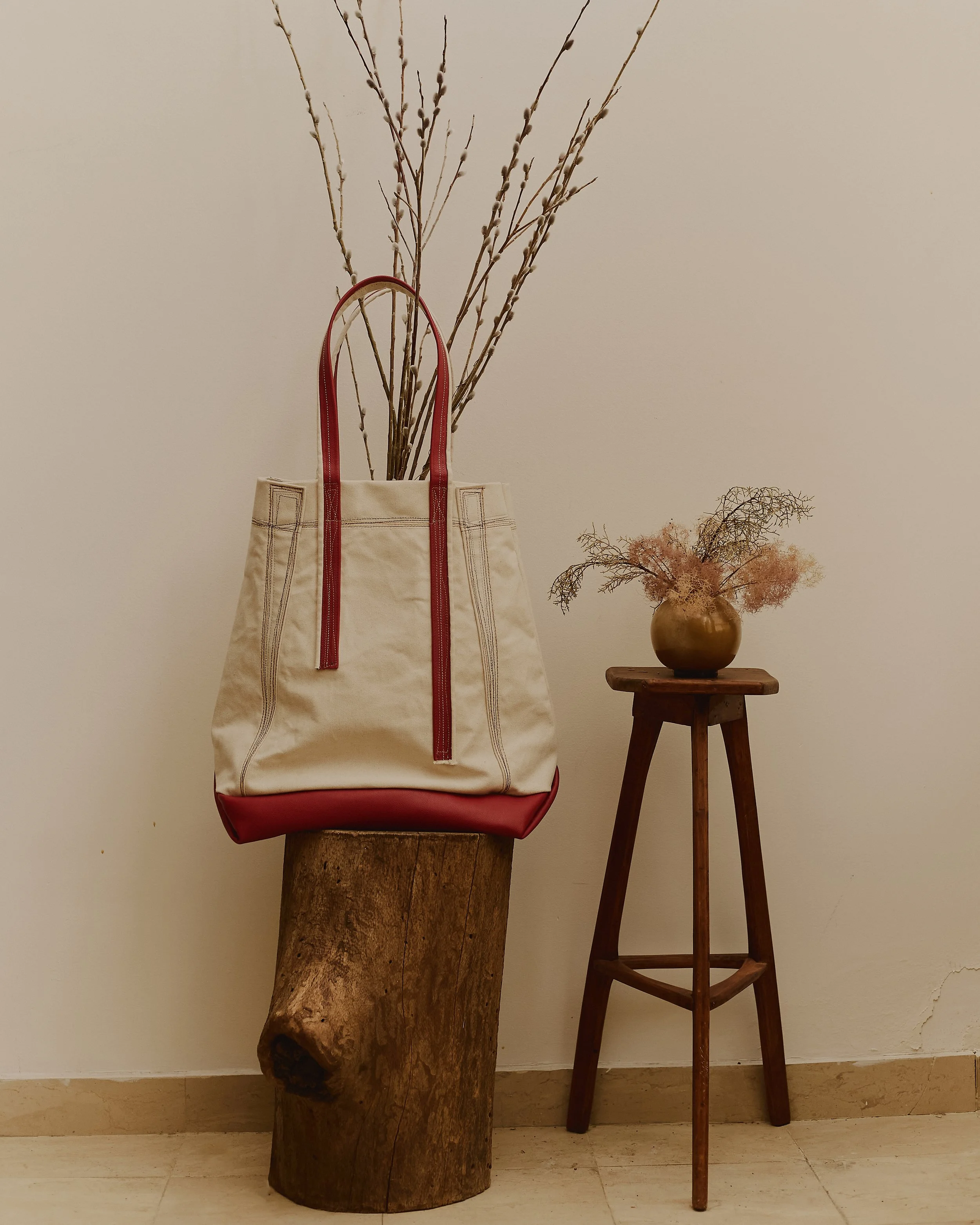 Color block Oversized Carryall Shopper in Natural Canvas and Cerise Leather