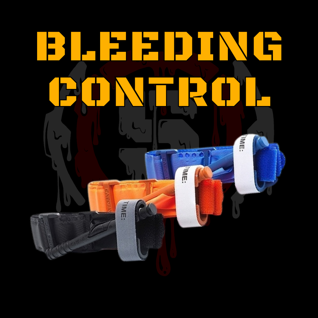 Set of 3 Tourniquets, black, blue, orange, with a black background and text saying "BLEEDING CONTROL"