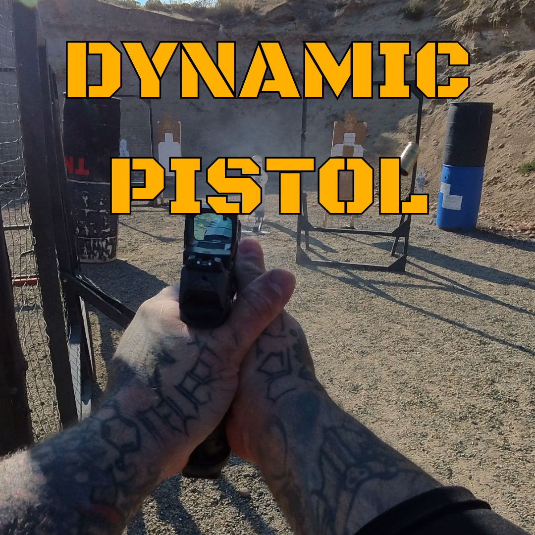 A person with tattooed hands holding a handgun at a firing range, aiming at targets with the words 'DYNAMIC PISTOL' overlaid in bold yellow font.