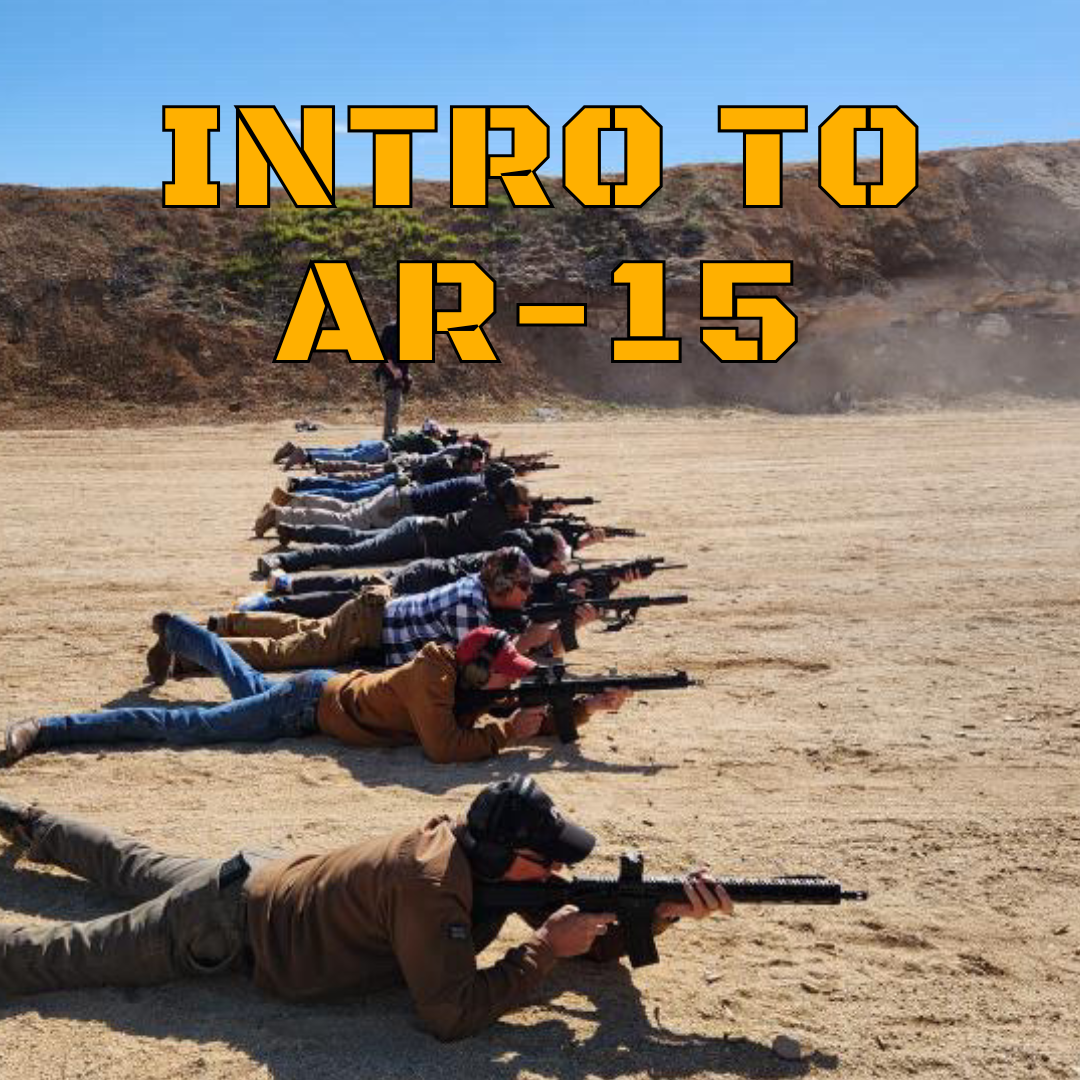 People practicing shooting at a target range with rifles while lying on the ground, set against a desert landscape, with the text "Intro to AR-15" in bold yellow letters.