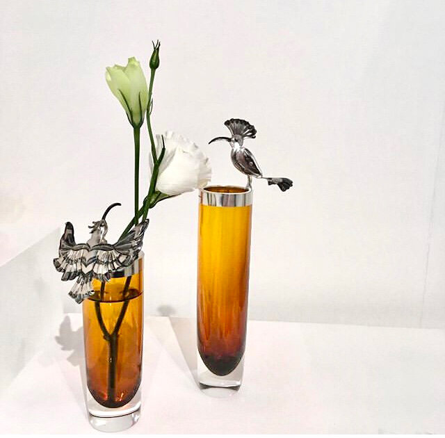 Pair of Hoopoe Bud Vases with Flowers