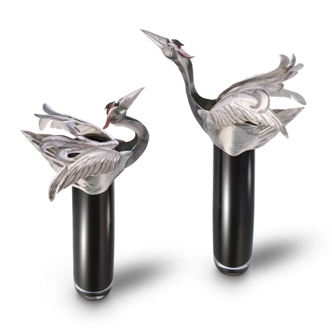 Dancing Crane Vases. Bryony Knox. Chased silver, enamel and black glass ..jpeg