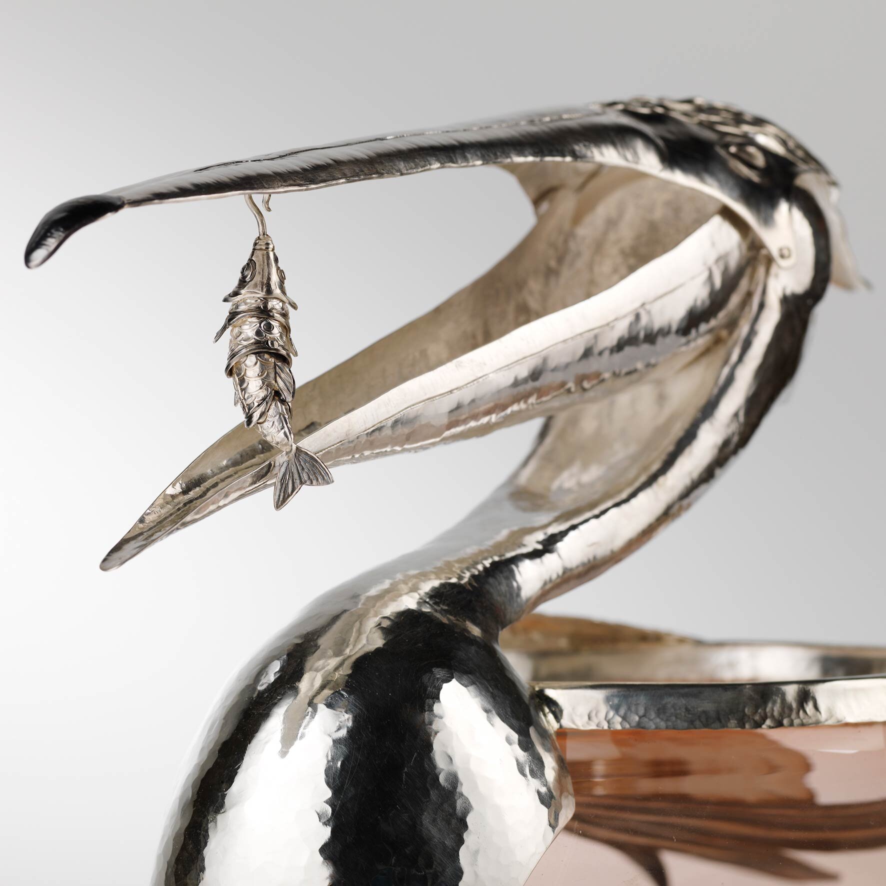 Pelican bowl with open beak & articulated fish pendant
