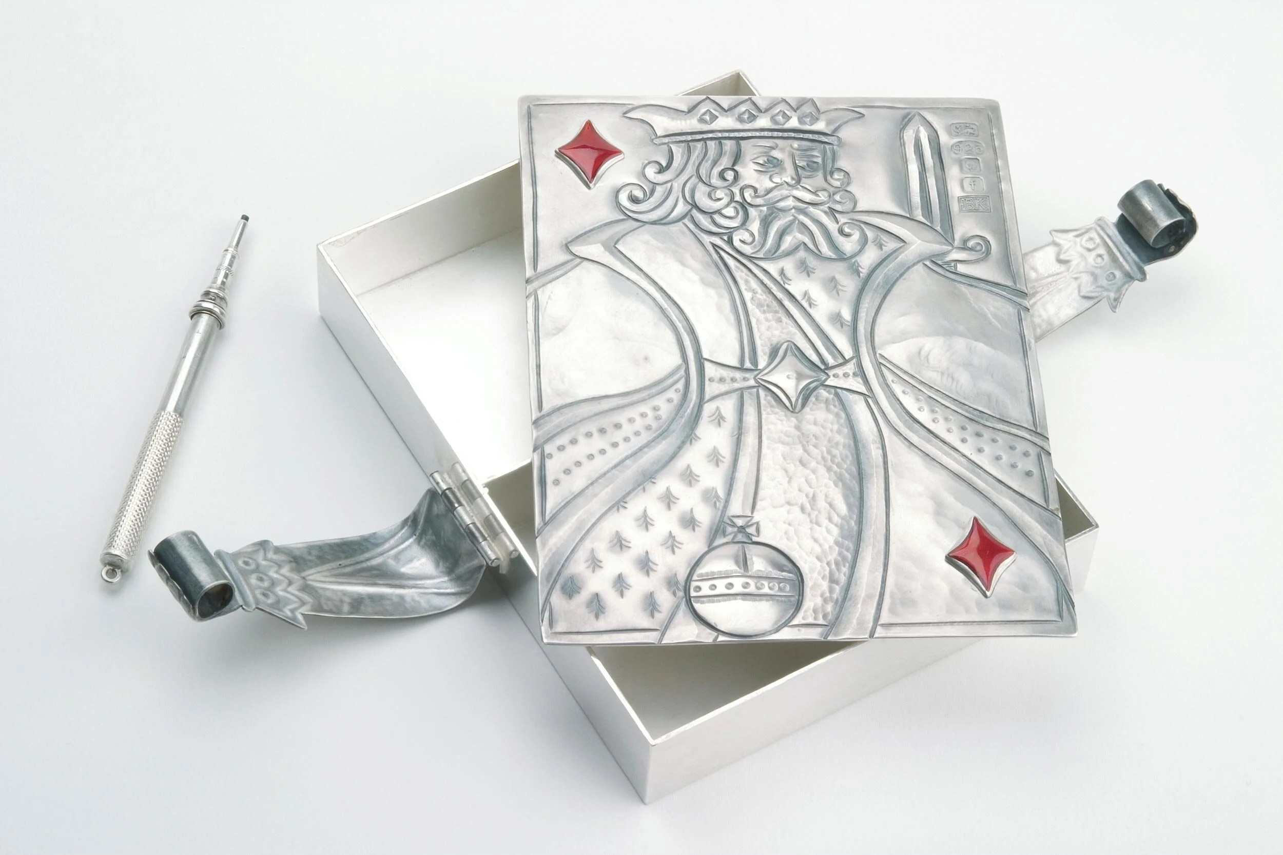 Play Your Cards Right. Chased Silver
and Enamel Card Box with Antique Pencil
