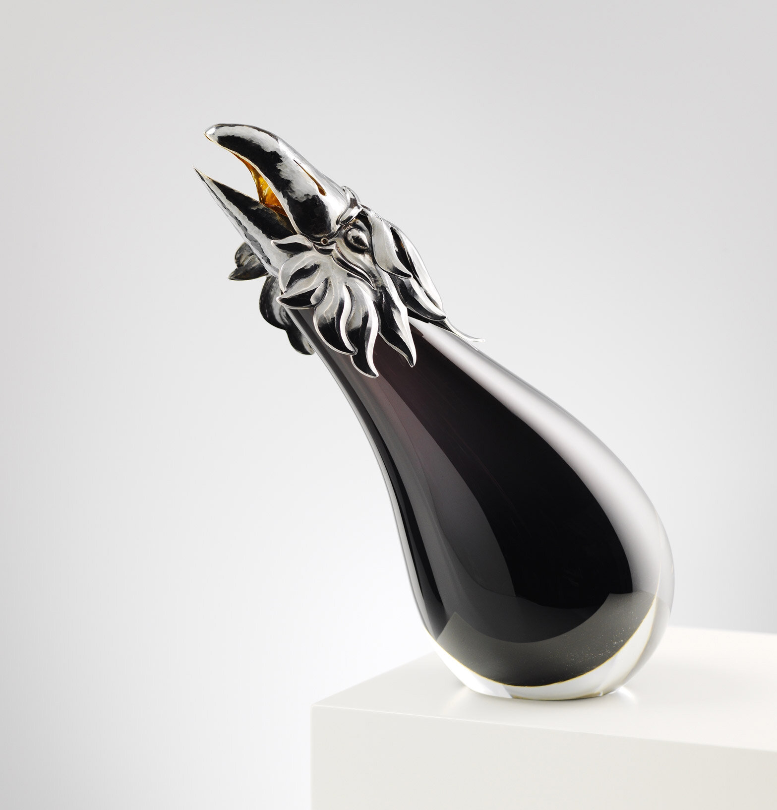 Raven Pouring Bottle with articulated beak in silver and glass