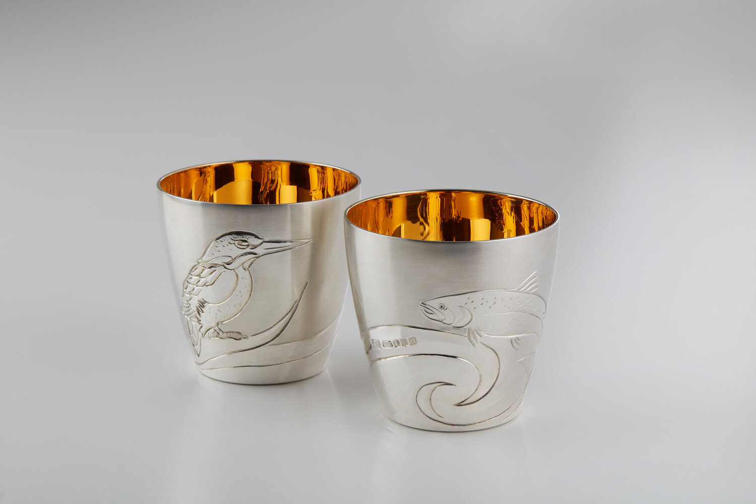 Kingfisher and salmon tumblers commissioned by S. Surtees for the Silver Vaults, 2021.
