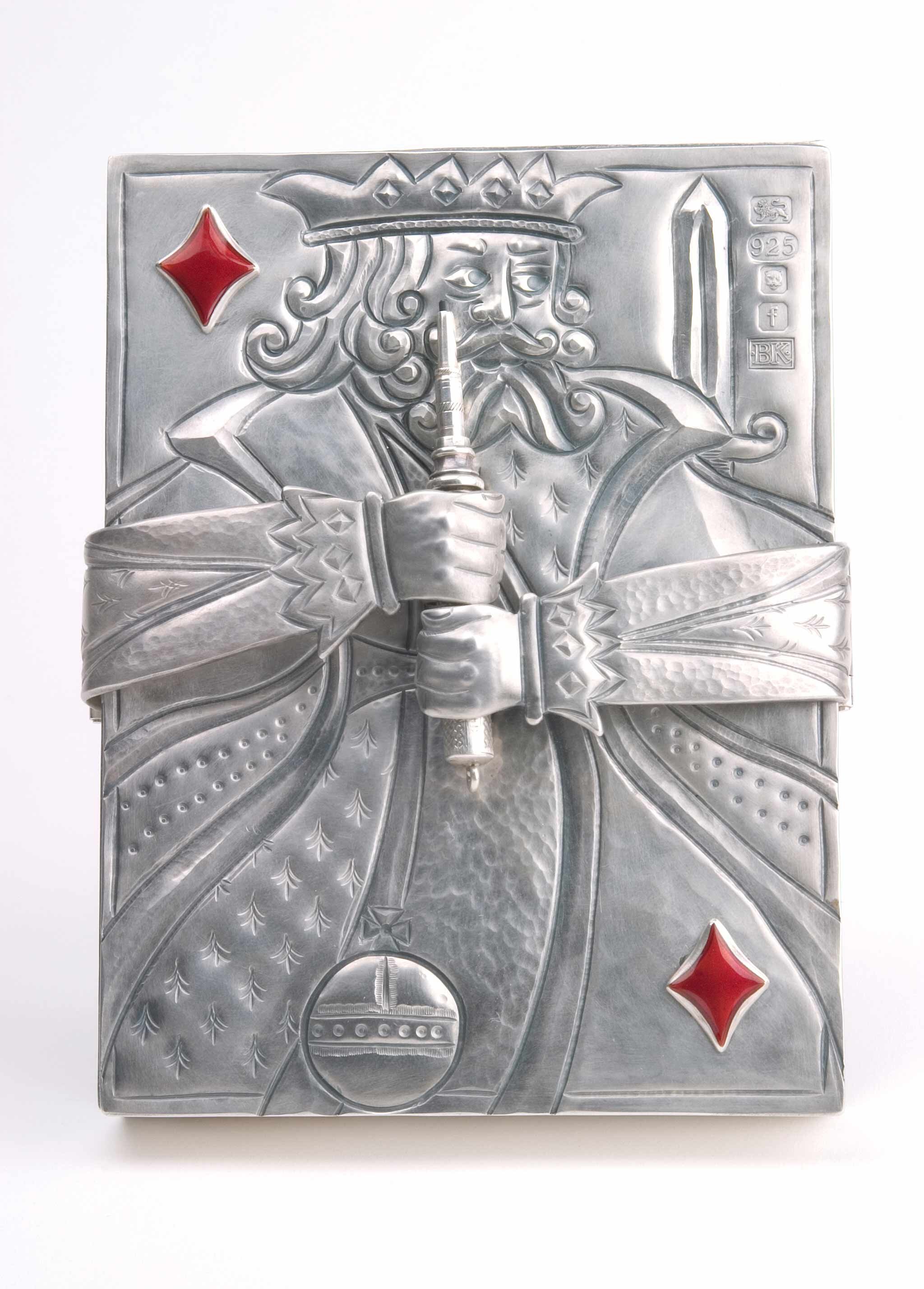 Play Your Cards Right Chased Silver
and Enamel Card Box with Antique Pencil