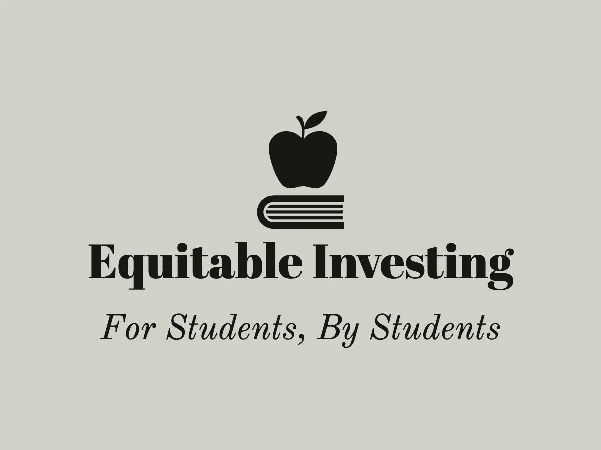 Logo for Equitable Investing with a black apple on top of a closed book, and the text 'Equitable Investing' followed by 'For Students, By Students'.