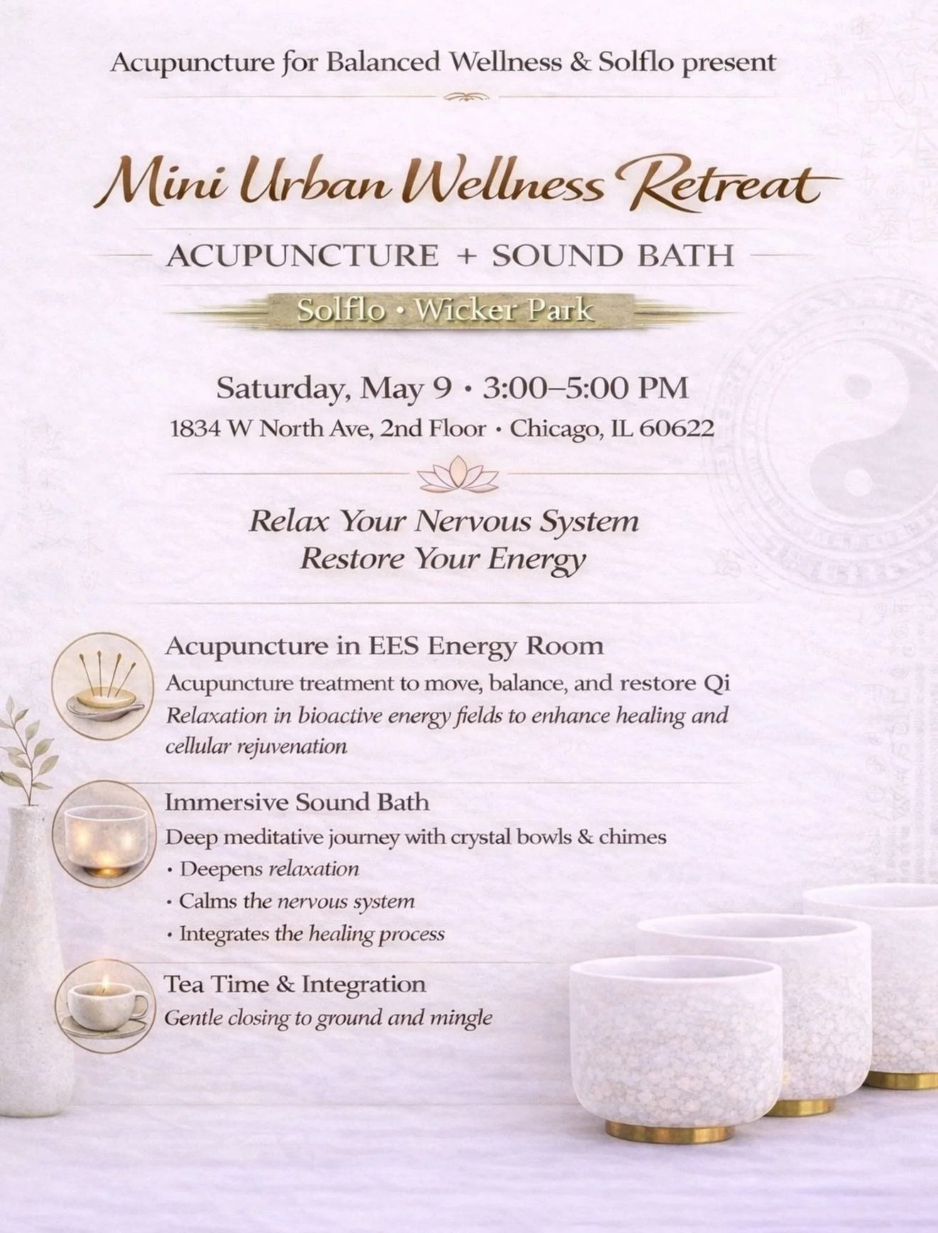 Mini Urban Wellness Retreat ✨
Acupuncture + Sound Bath at SolFlo Life
Saturday, May 9 &bull; 3&ndash;5 PM

Step out of the noise and into a deeply restorative experience designed to reset your body, calm your mind, and realign your energy.

In this i