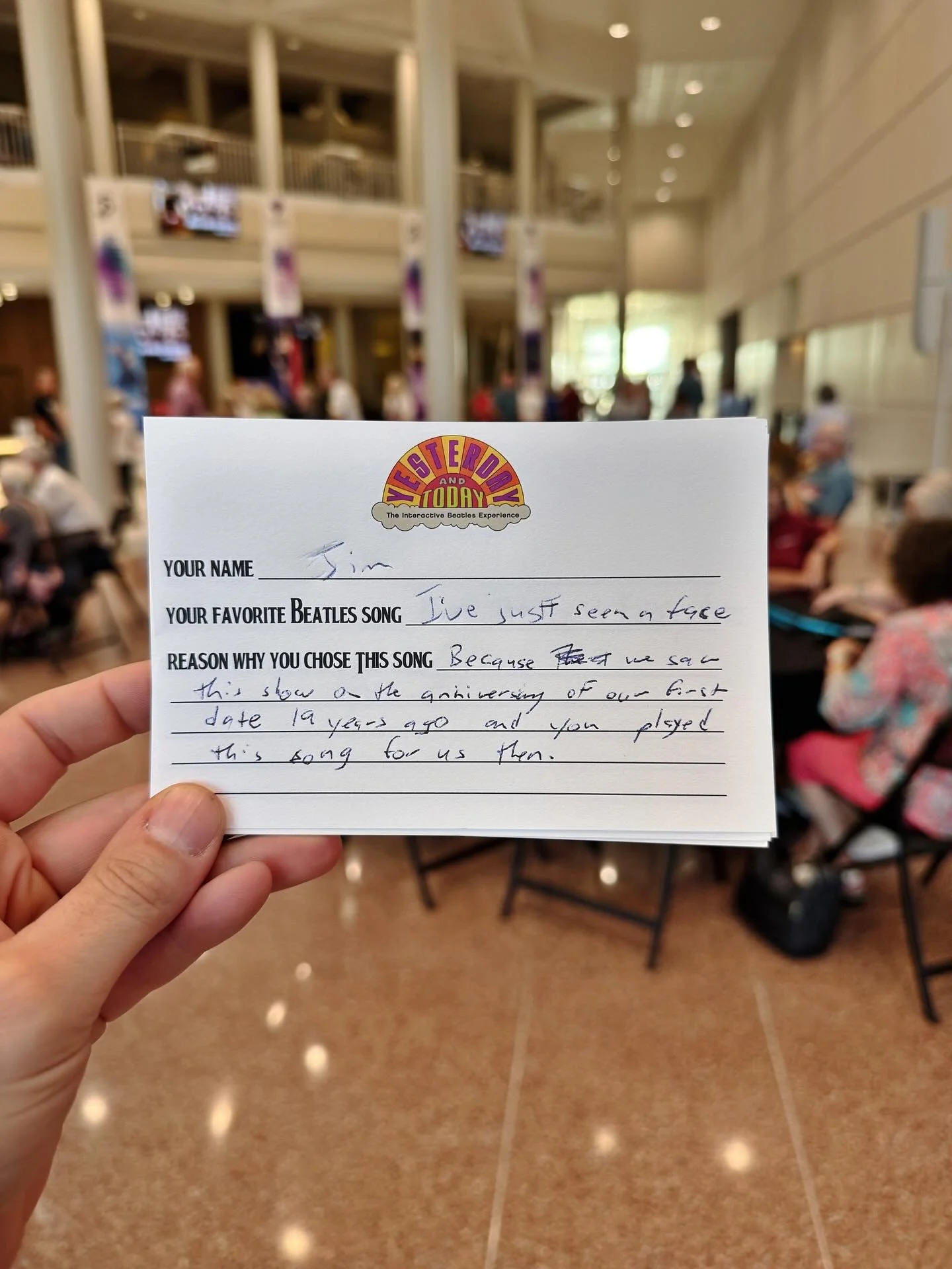 &ldquo;Because we saw this show on the anniversary of our first date 19 years ago and you played this song for us then.&rdquo; - Jim