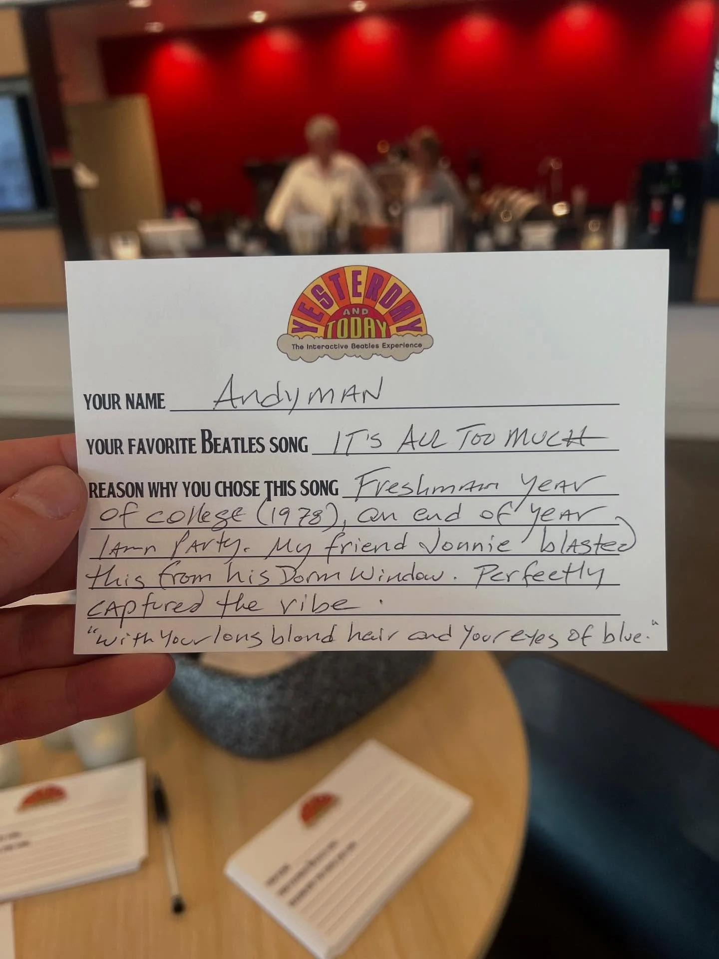 &ldquo;Freshman year of college (1978) an end of year lawn party. My friend Vonnie blasted this from his dorm window. Perfectly captured the vibe. &ldquo;With your long blonde hair and your eyes of blue&rdquo;.&rdquo;