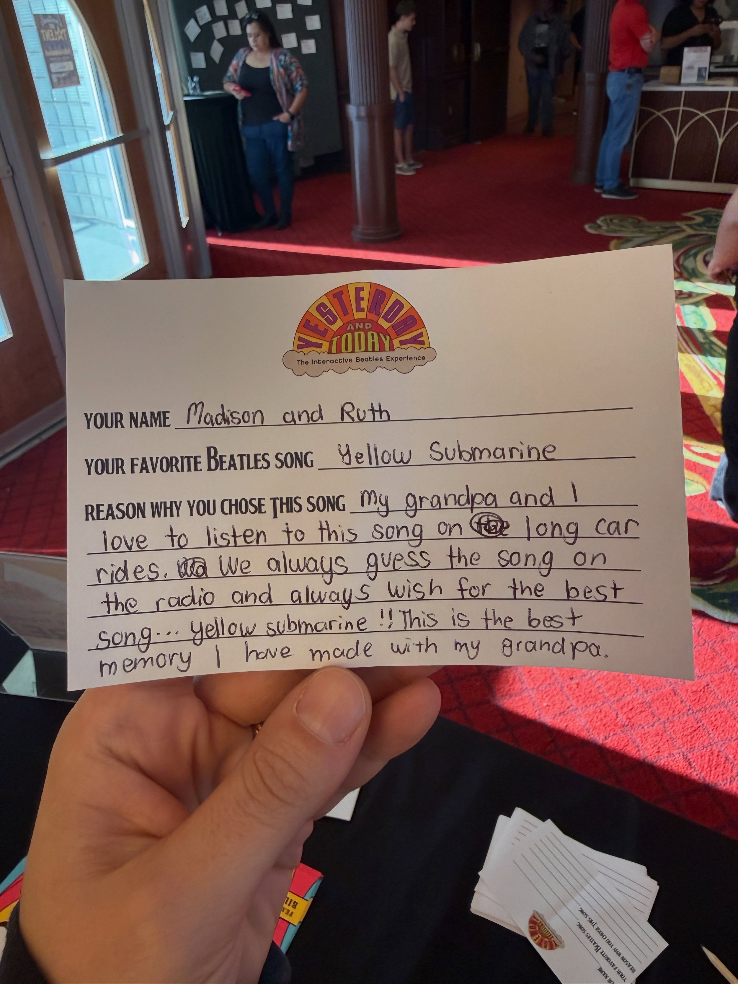 &ldquo;My grandpa and I love to listen to this song on long car rides. We always guess the song on the radio and always wish for the best song&hellip; yellow submarine!! This is the best memory I have made with my grandpa.&rdquo; - Madison and Ruth