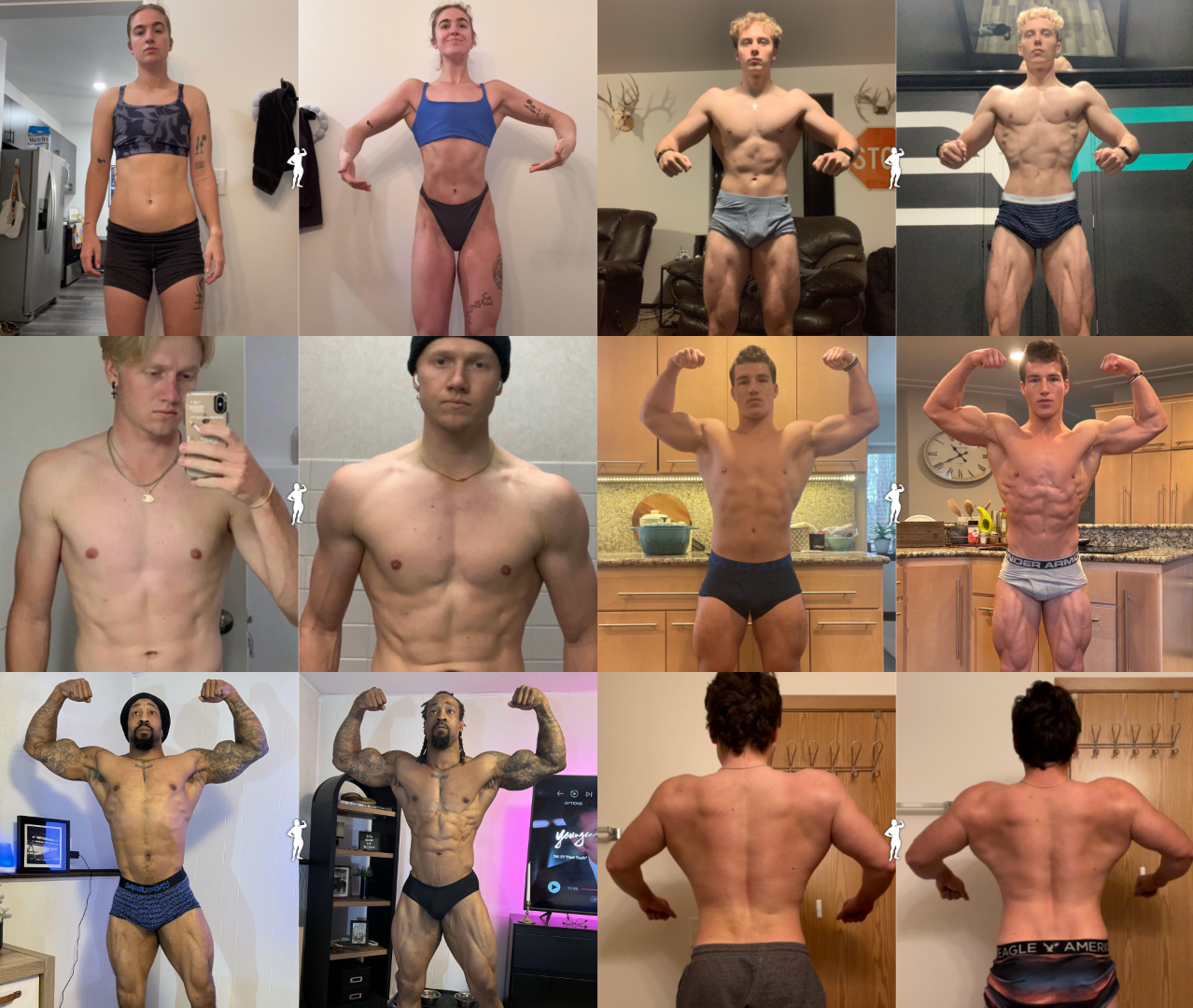 Back view of a muscular man flexing his back muscles before and after a workout, standing in front of a painted wall and a door.