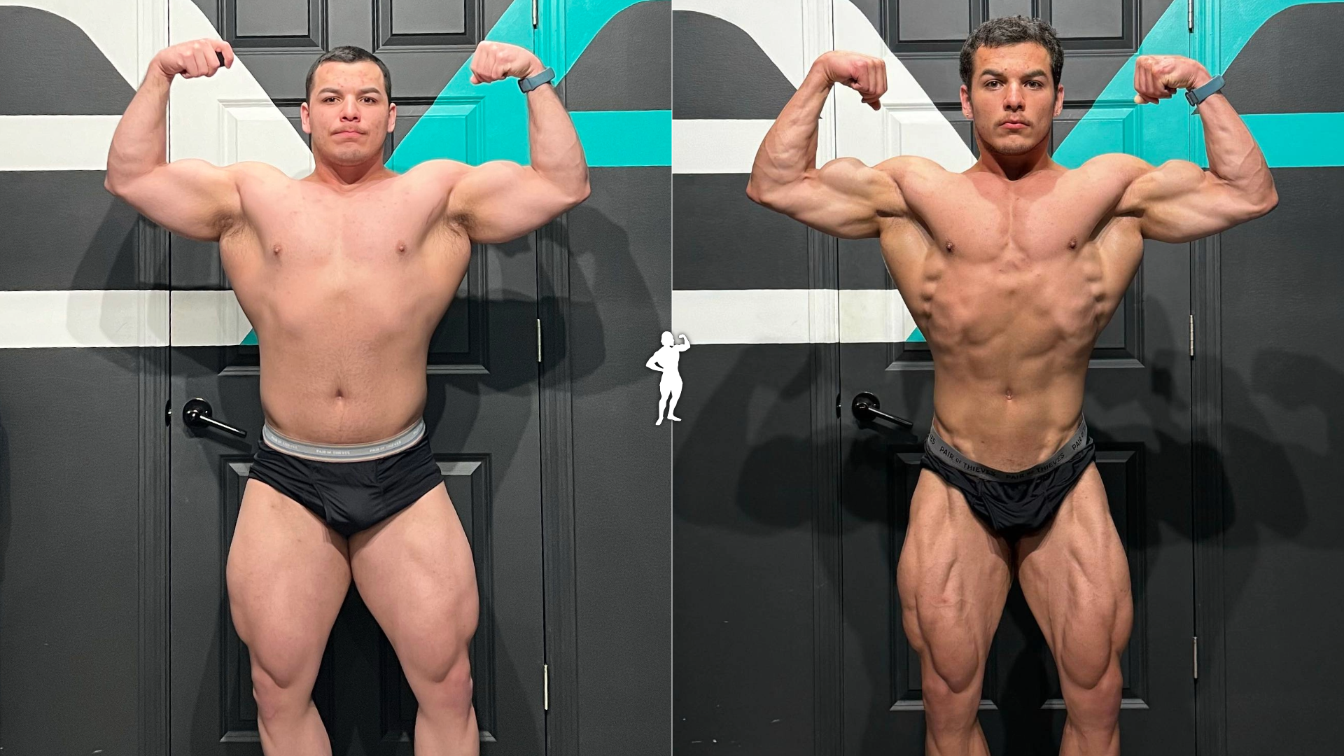 A man in black shorts and a smartwatch in two poses, flexing his biceps and showing muscular physique against a black and teal background with a door.