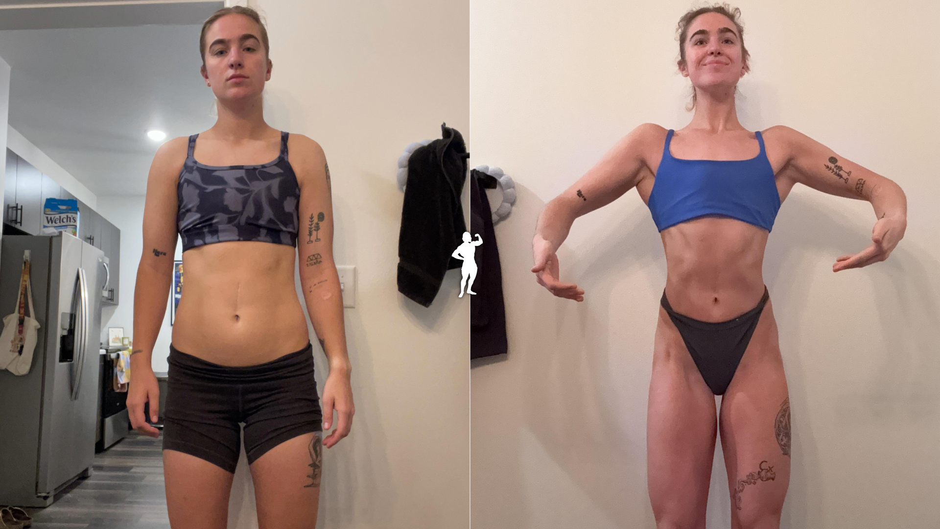 Side-by-side photos of a woman before and after body transformation. Left photo shows her with a slimmer physique, wearing a sports bra and shorts in a kitchen. Right photo shows her muscular and toned with defined abs, wearing a sports bra and bikini bottom in front of a plain wall.