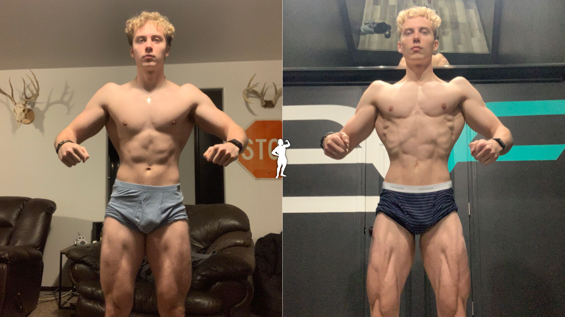 Side-by-side comparison of a young man with muscular physique, wearing underwear, posing indoors. The left photo shows him in a living room with deer head mounts on the wall, and the right photo shows him in a gym with black and turquoise lockers behind him.