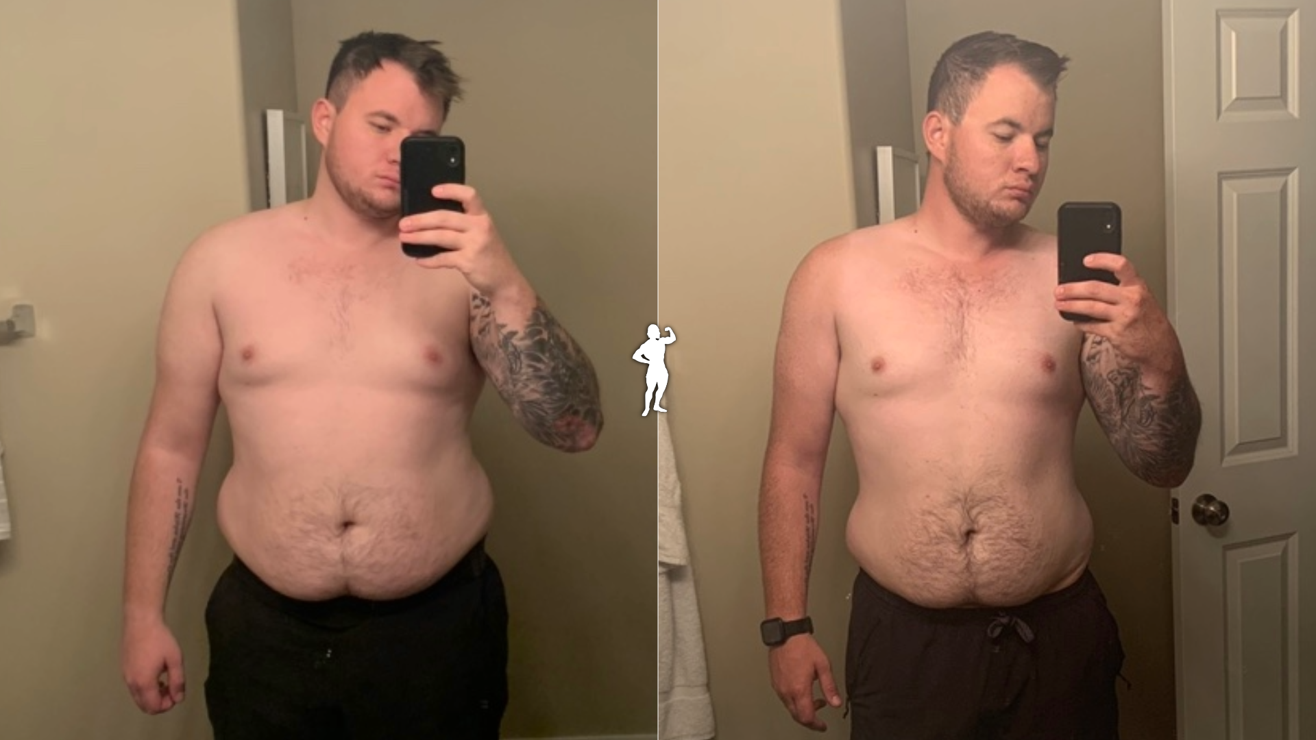 Side-by-side mirror selfies of a shirtless man with tattoos, taking pictures with a smartphone in a bathroom. The left image shows the man with more body weight, and the right image shows him with a leaner physique.