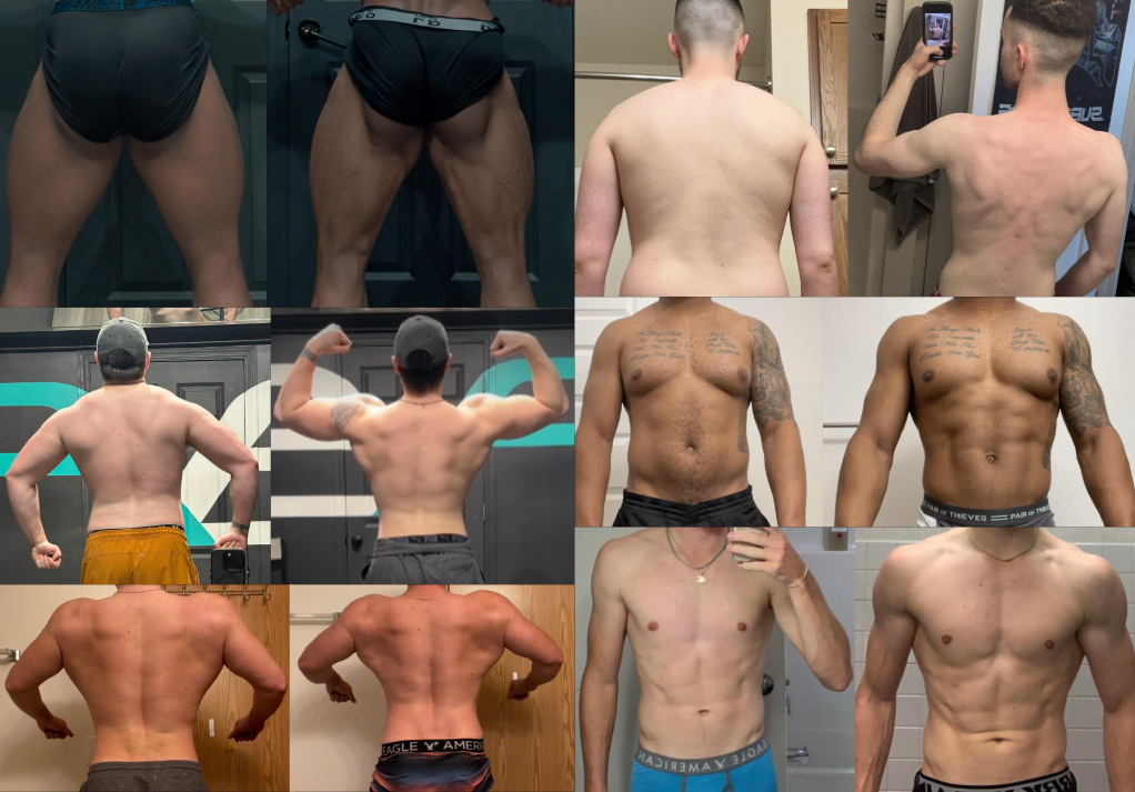 Back view of a muscular man flexing his back muscles before and after a workout, standing in front of a painted wall and a door.