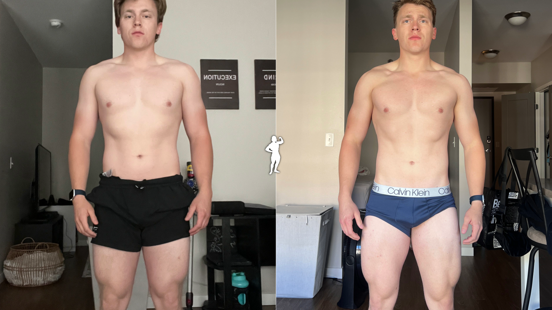 Side-by-side photos of a shirtless man, showing physical transformation. The left photo depicts him with a slightly heavier build, wearing black shorts and a smartwatch. The right photo shows him with a leaner physique, wearing blue Calvin Klein shorts, standing in a room with a neutral expression.