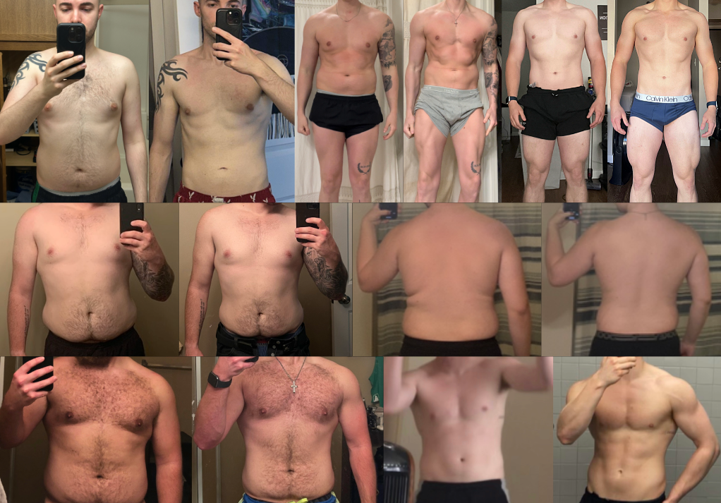 Collage of shirtless young men taking mirror selfies that show their body transformation over time, with some flexing and showing progress.