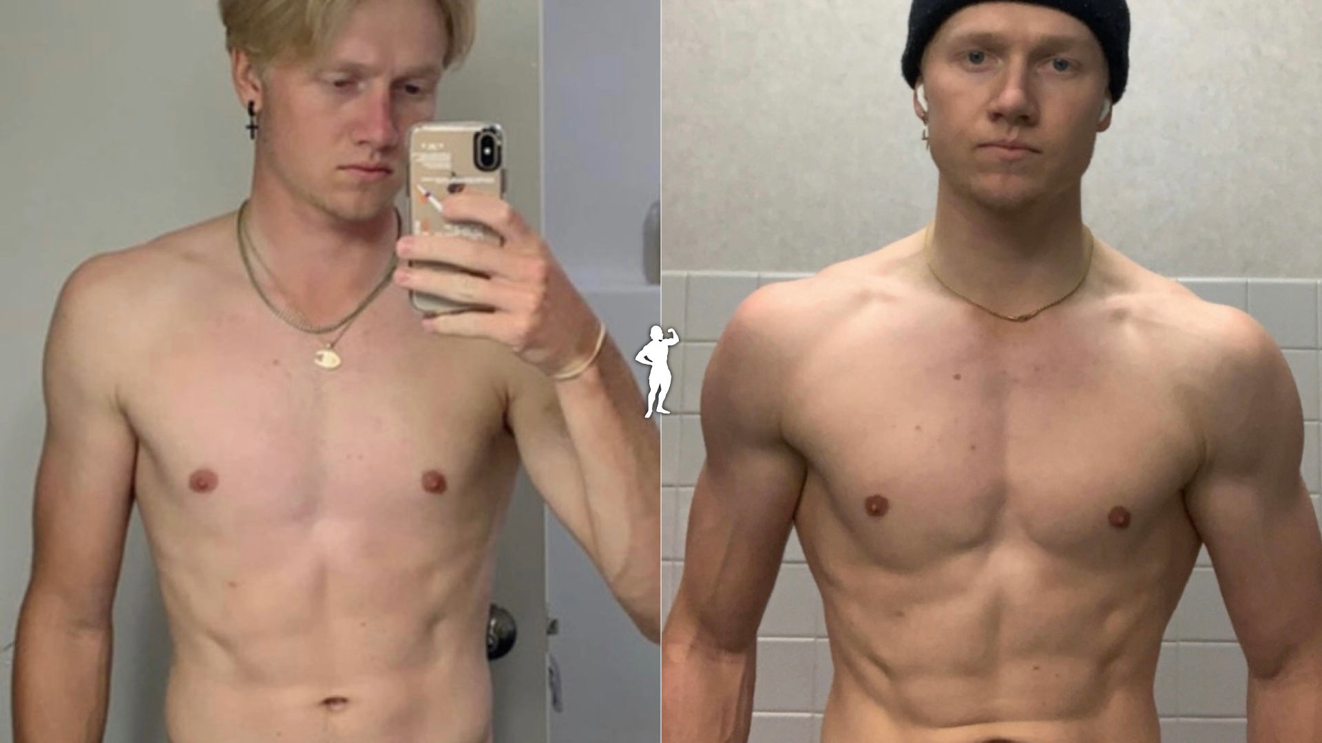 Side-by-side comparison of a young man with a lean physique before and after muscle gain, taking mirror selfies in a bathroom.