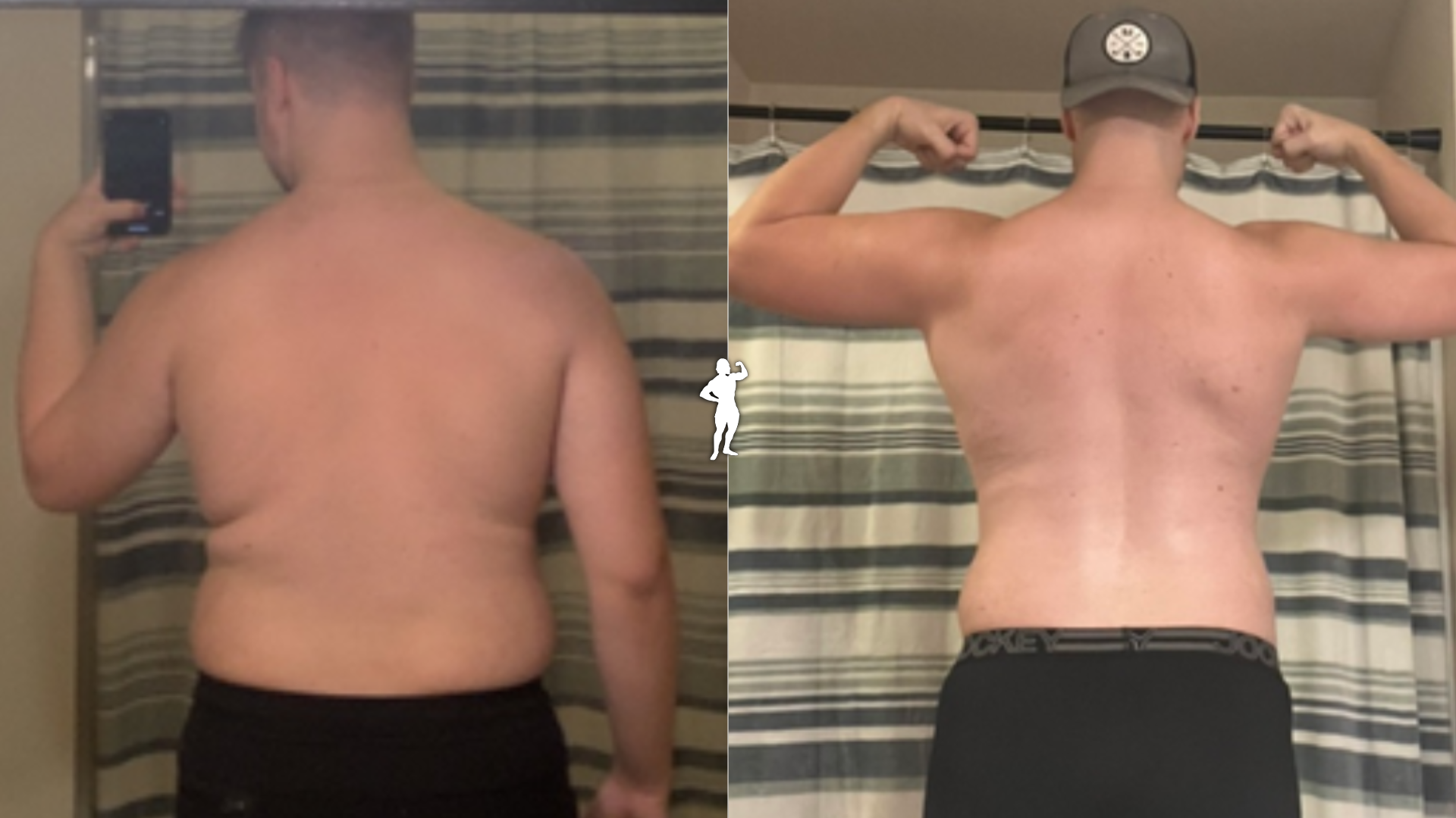 Side-by-side comparison of a man's back before and after fitness transformation, showing weight loss and muscle gain, with the man taking a mirror selfie on the left and flexing on the right.