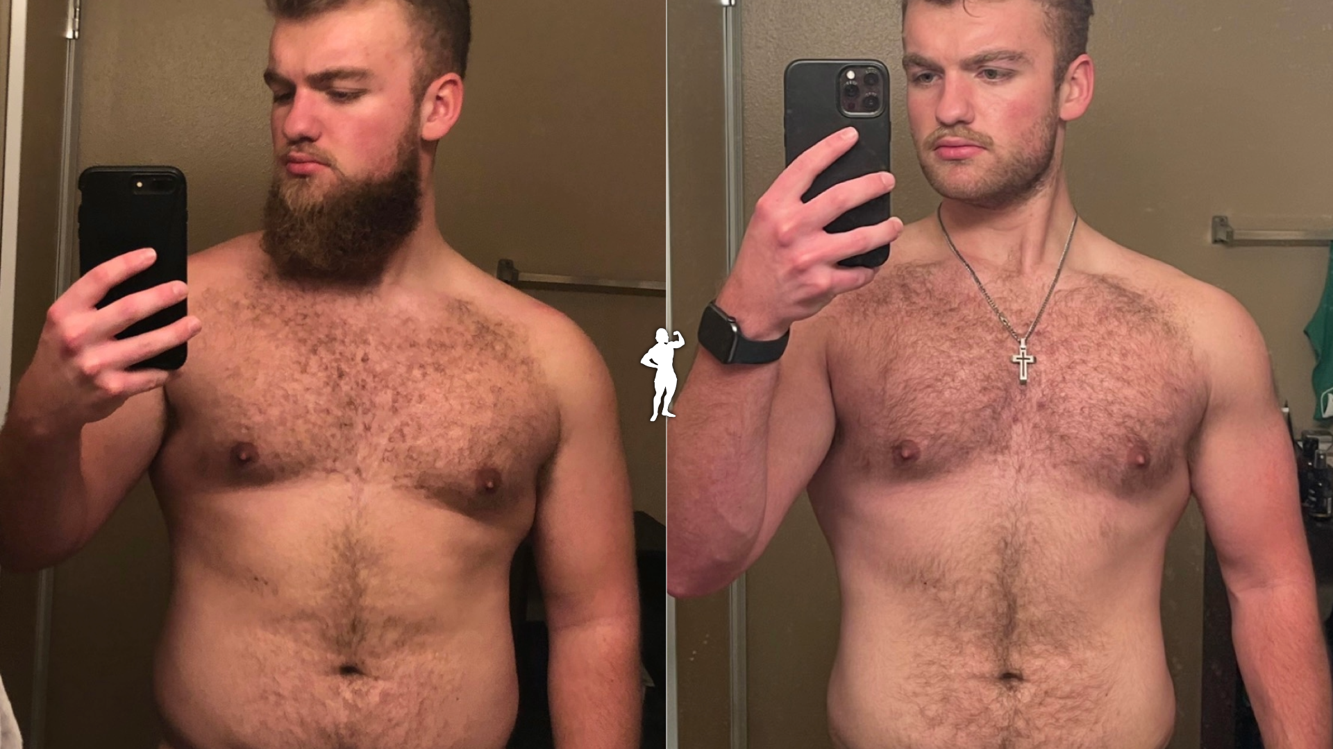 Side-by-side selfies of a shirtless man with a beard, showing body transformation; on the left with a fuller face and chest, on the right with a slimmer face and more defined muscles, taking mirror photos in a bathroom.