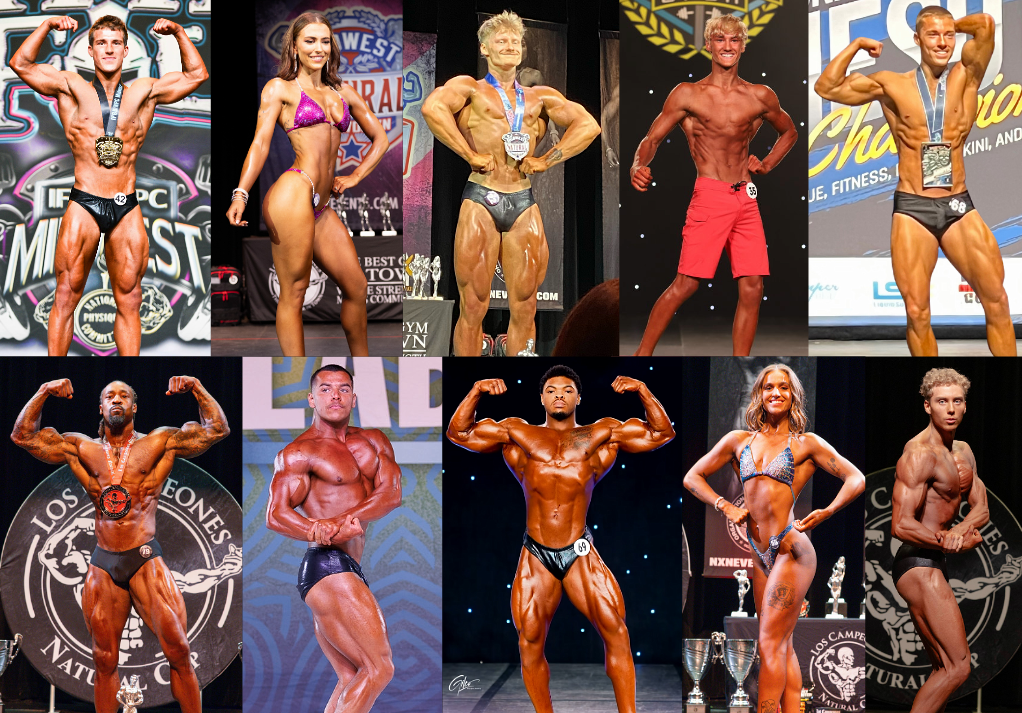 Bodybuilders posing on stage at a fitness competition, showcasing muscular physiques.