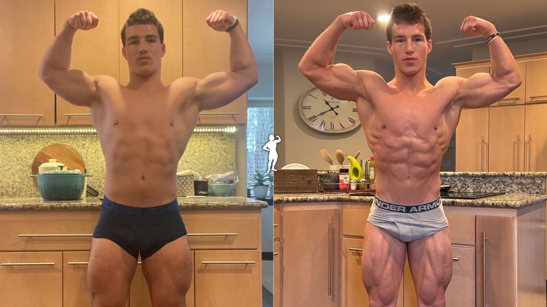 Side-by-side comparison of a young man flexing his muscles in a kitchen. The left side shows him with a leaner physique, wearing black briefs, while the right side shows a more muscular build with defined abs and larger muscles, wearing gray Under Armour underwear.